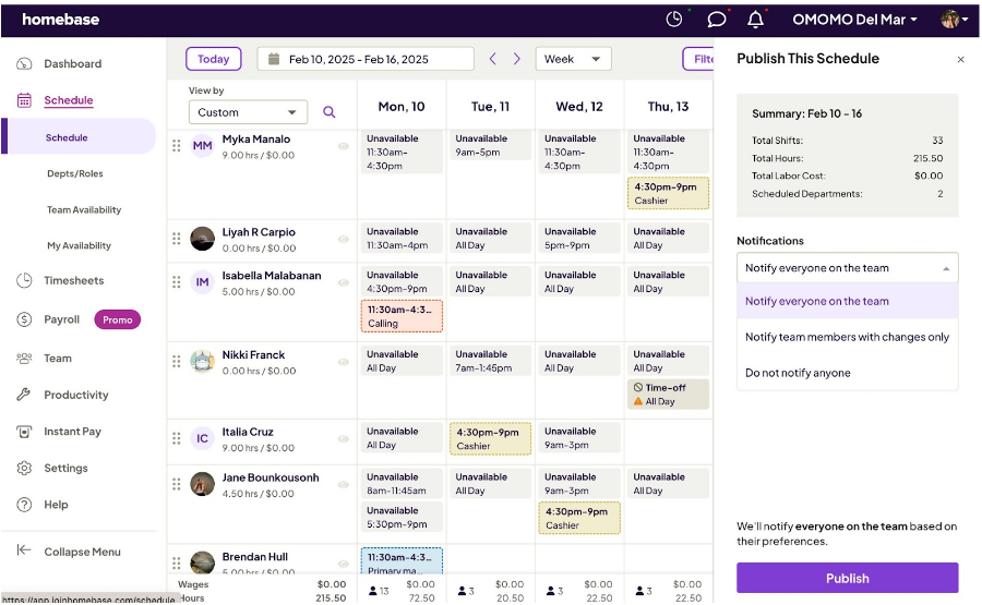 Schedule publish screen