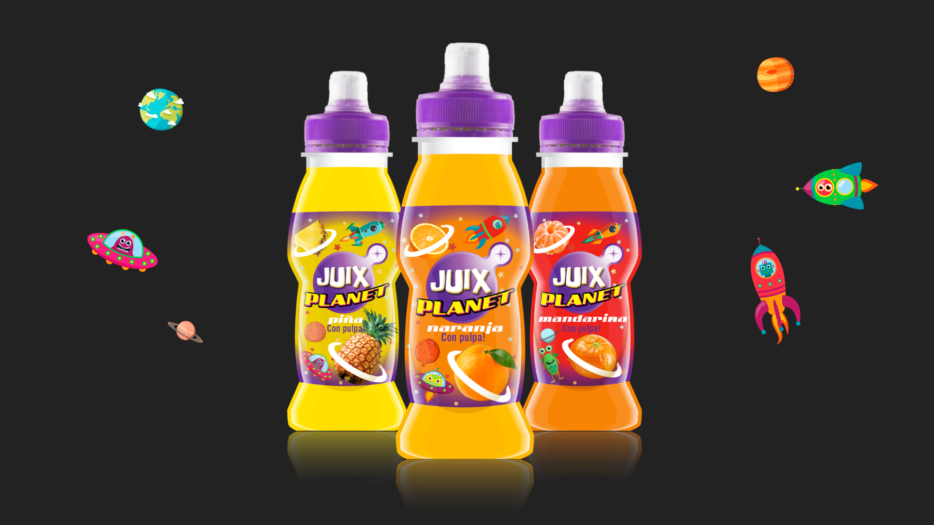 Zumos Palma - Juix Planet “with pulp” design brand & packaging range. Children concept