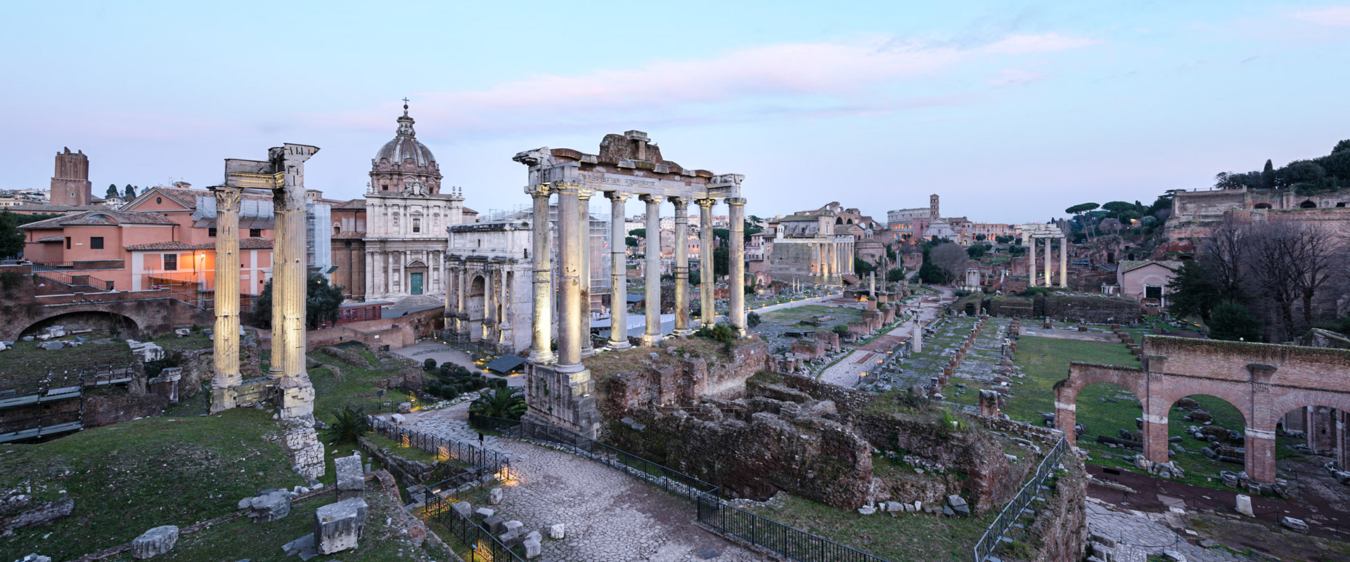 Ruins of the Roman Forum at dusk in Rome, Italy