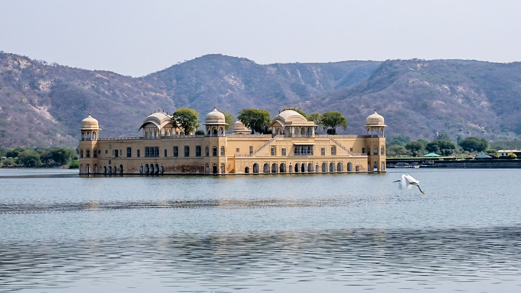 A palace built in the 1700's  in the middle of the Man Sagar Lake in Jaipur.  A dam built in 1955 has caused the lake to flood the first floor of the palace.