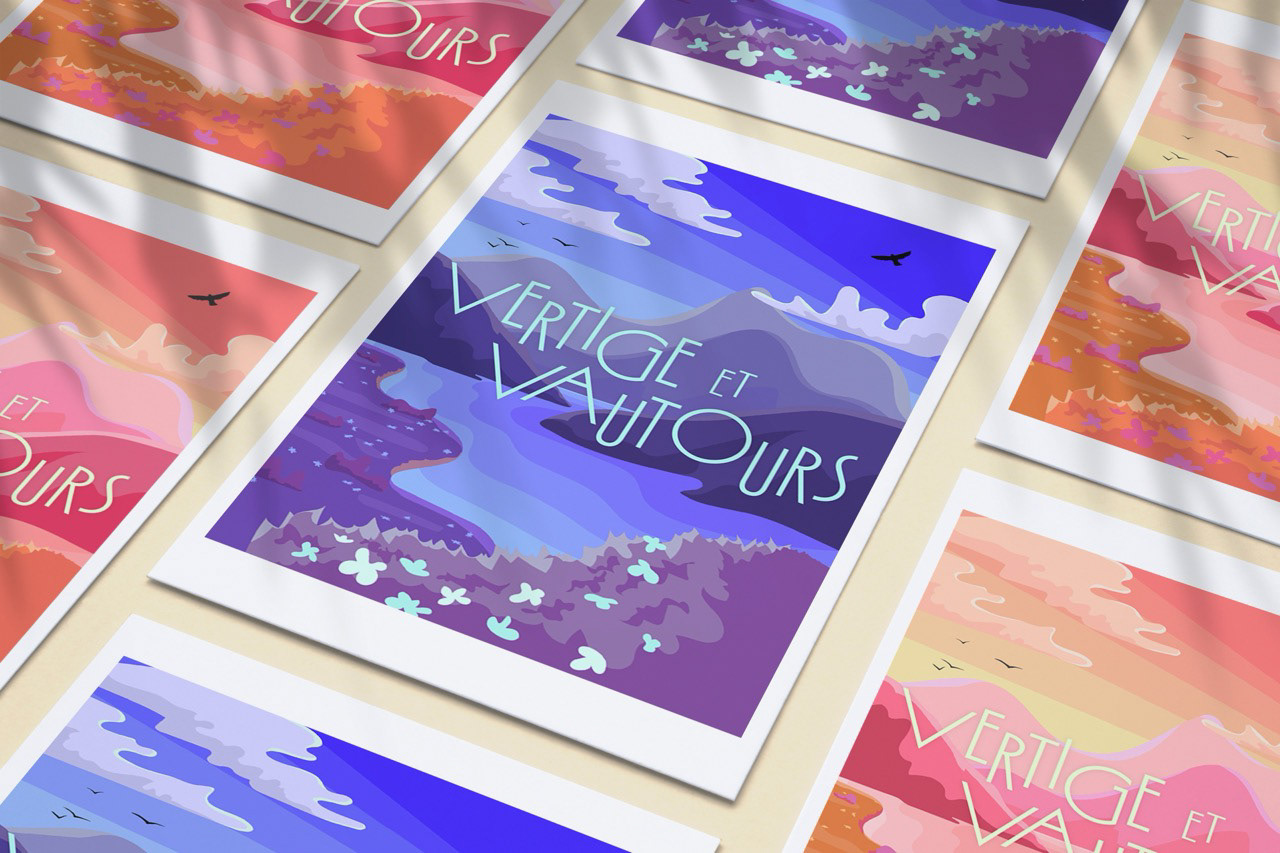 Mise en situation des affiches "Vertige & Vautours" version nuit et crépuscule