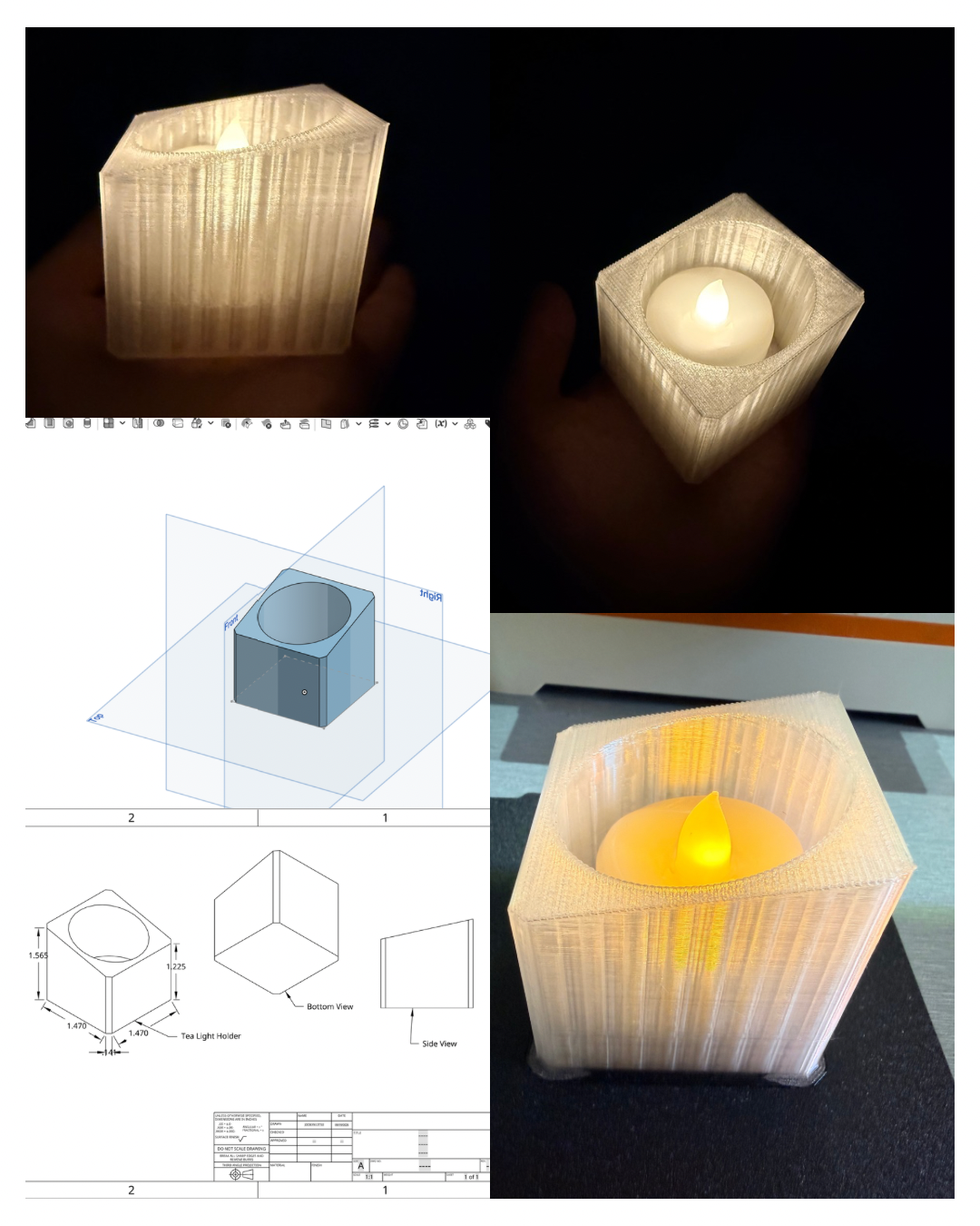 Christmas Tea Light Holder: designed in OnShape, 3D printed. Troubleshooting in the build: When filament stopped feeding, I disassembled the filament tube and extruder assembly, located and cleared the clog, reassembled the feed path, and resumed printing.