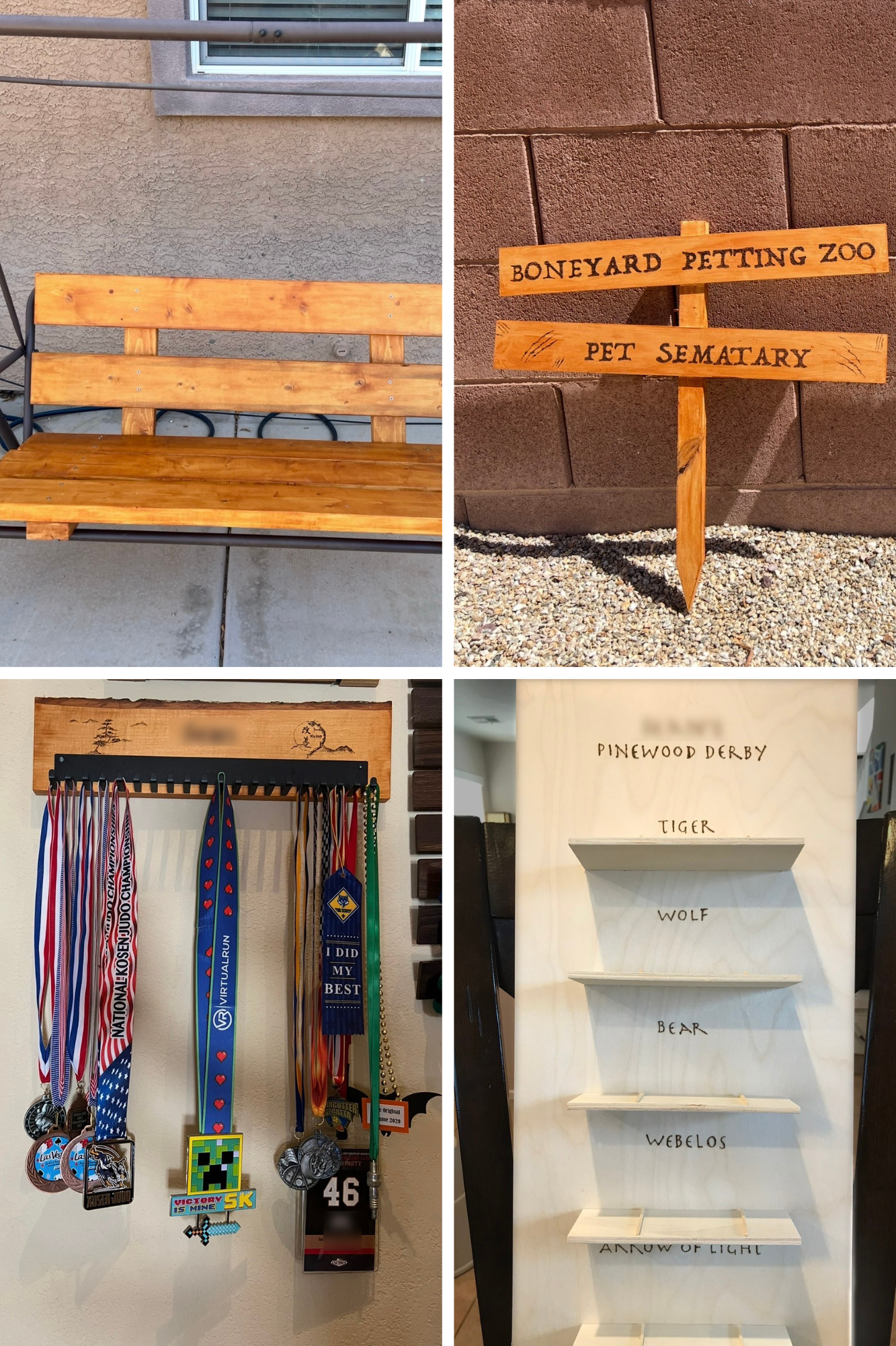 Wood work: bench, sign, medal holder, Pinewood Derby Car Display