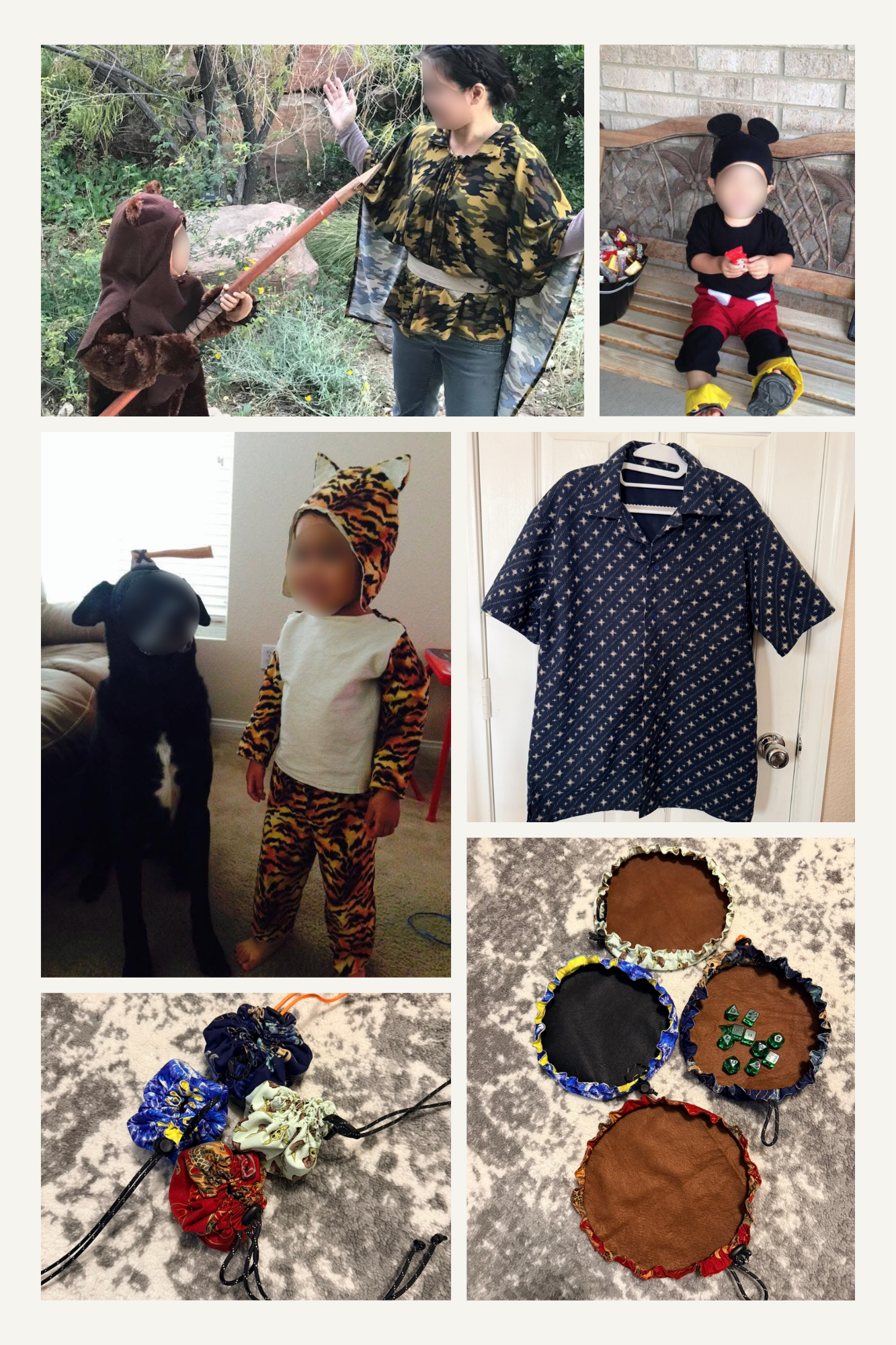 Sewing costumes, shirts, dice catchers