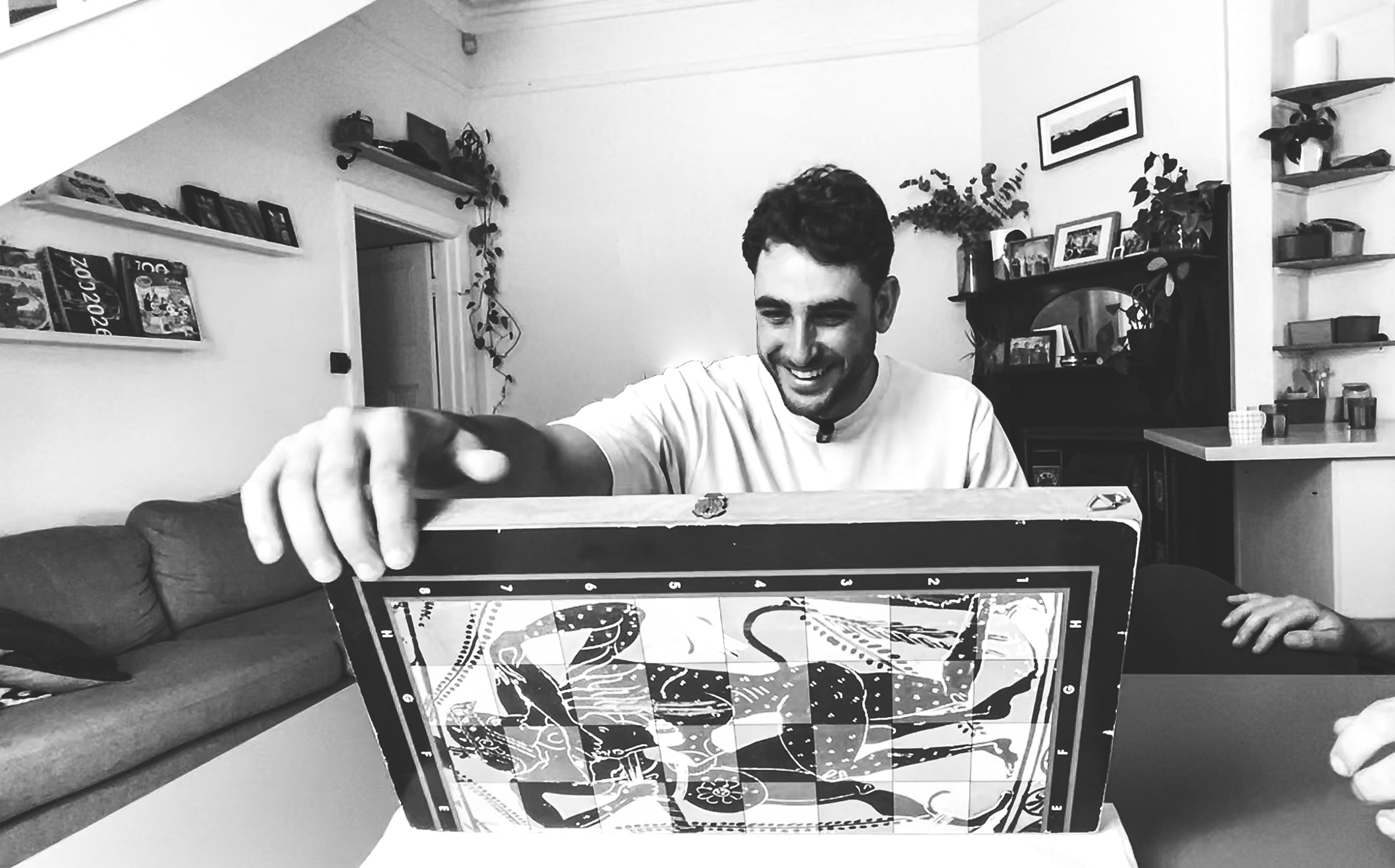 Commemorative artwork for cricketer Peter Hatzoglou featuring a vintage backgammon board, inset medals and collage artwork