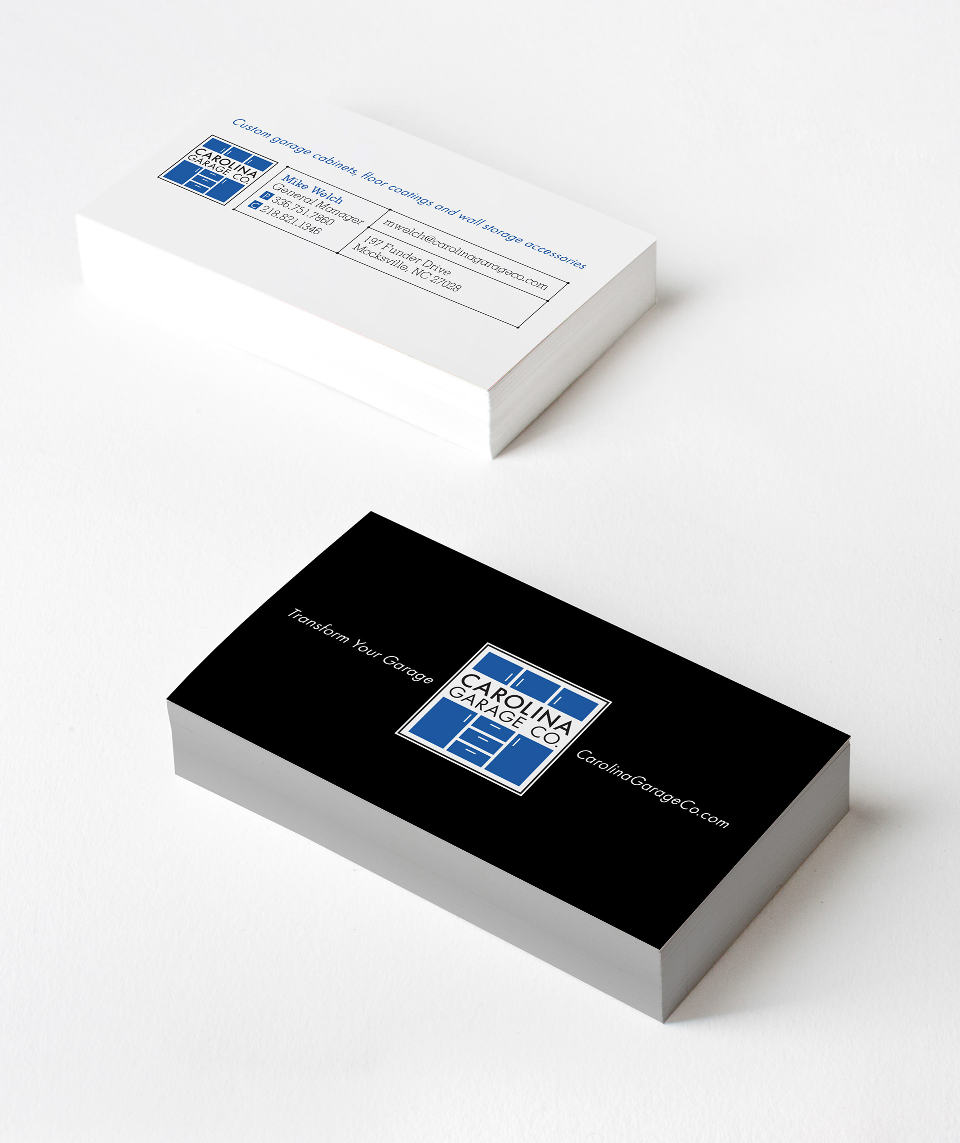 Logo and business card for custom garage cabinetry business (Adobe Illustrator and InDesign)