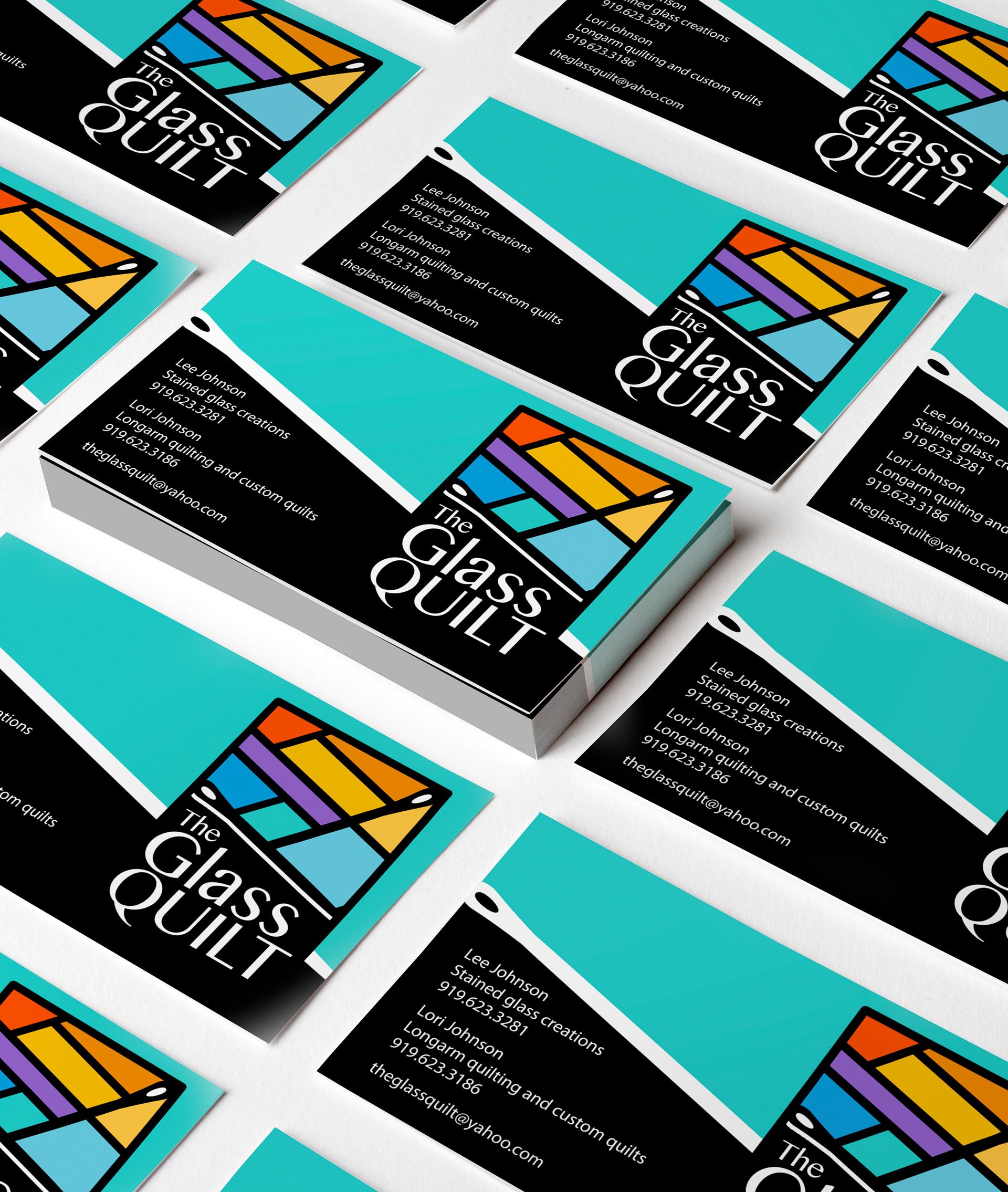 Logo and business card for a quilter and stained glass artist couple (Adobe Illustrator)