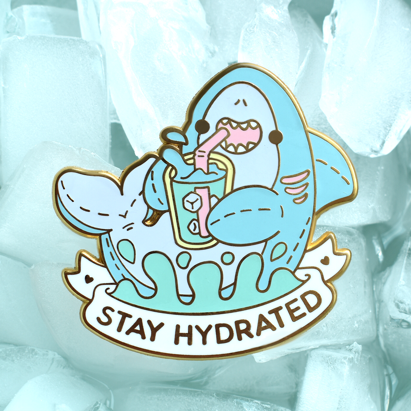 Stay Hydrated Shark Plush Pin