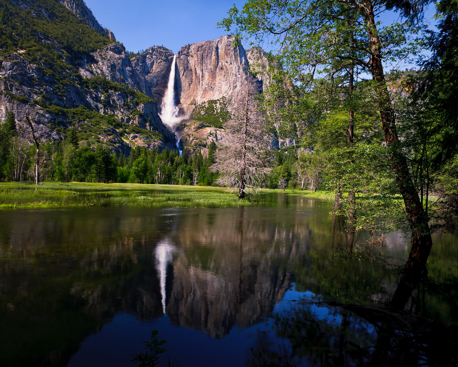 Reflections on a Swollen Merced River-Upper Yosemite Falls