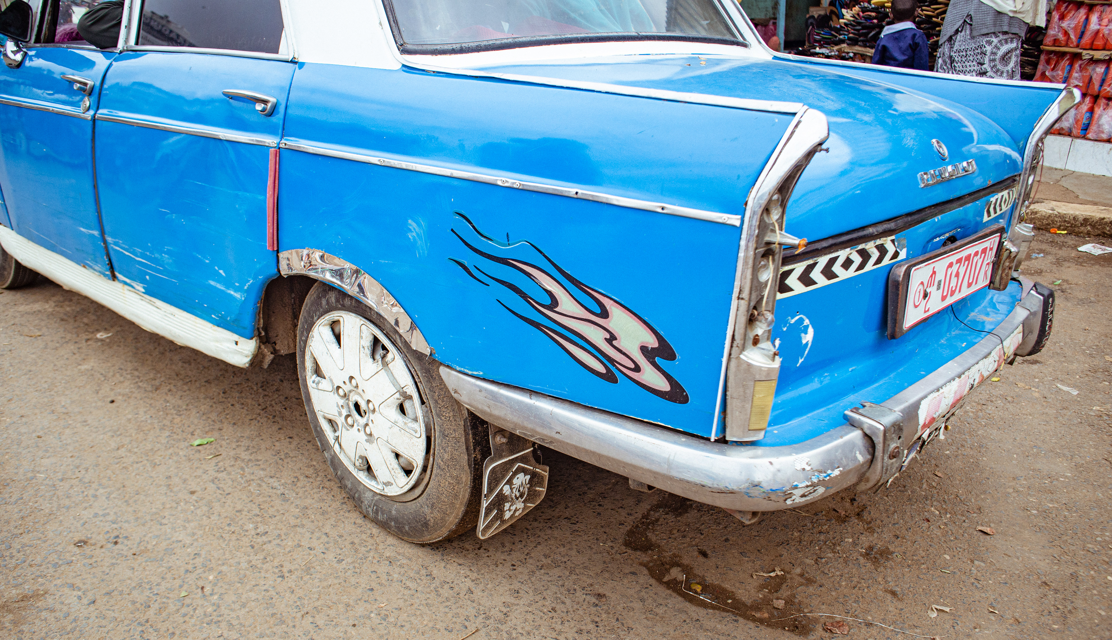 While there are some small customizations and the occasional color change, the overwhelming majority of the cabs are the same sky-blue paint job.