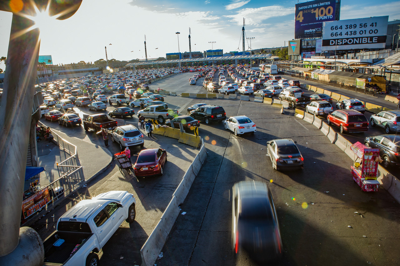 Cars queue up to enter the United States at the San Ysidro Port of Entry, one of two border crossings linking the cities of San Diego and Tijuana. Around 135,000 people are estimated to cross over each day.