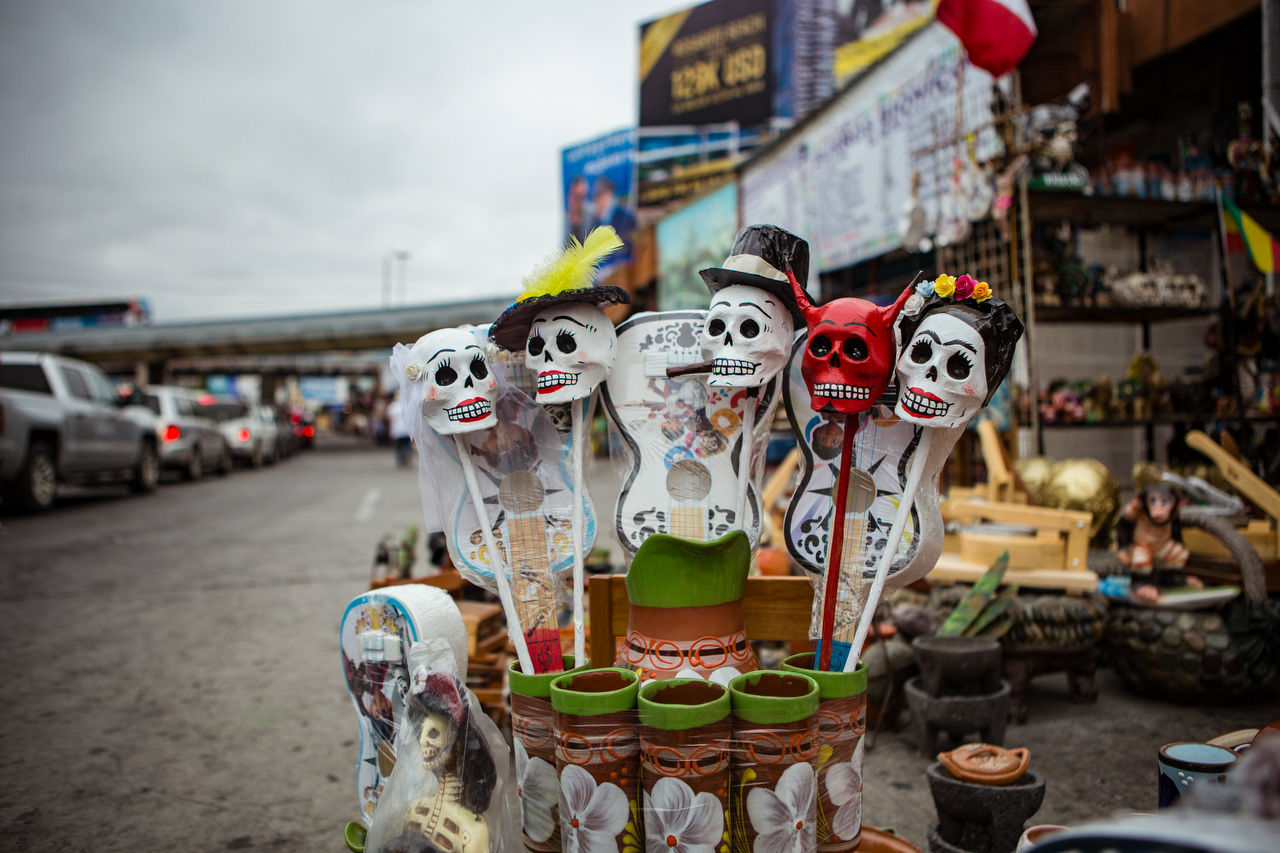 Papier-mache skulls for celebrating Day of the Dead, or Dia de los Muertos, which is celebrated every November in Mexico. Other handicrafts at the shop depict religious figures, sports teams and the latest Marvel super heroes.