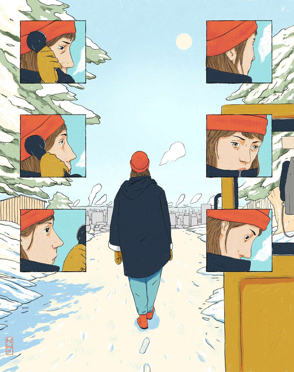 snow phone call editorial illustration