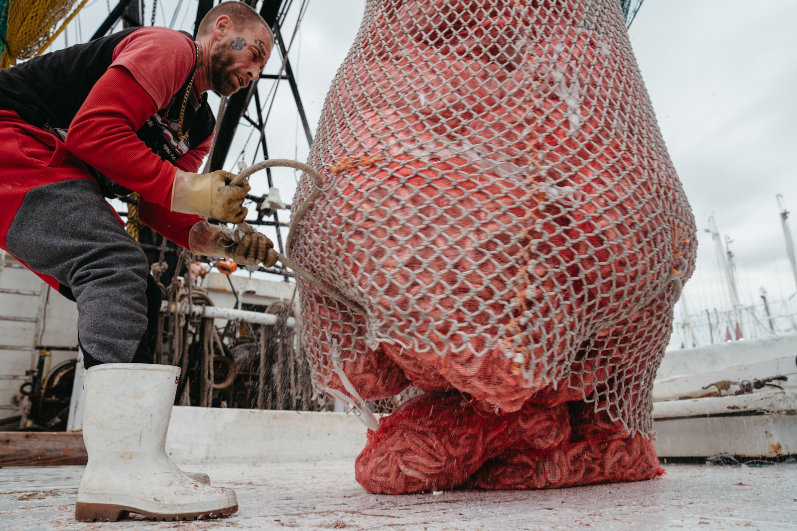 JJ drops bags of shrimp on the deck of the Night Hawk