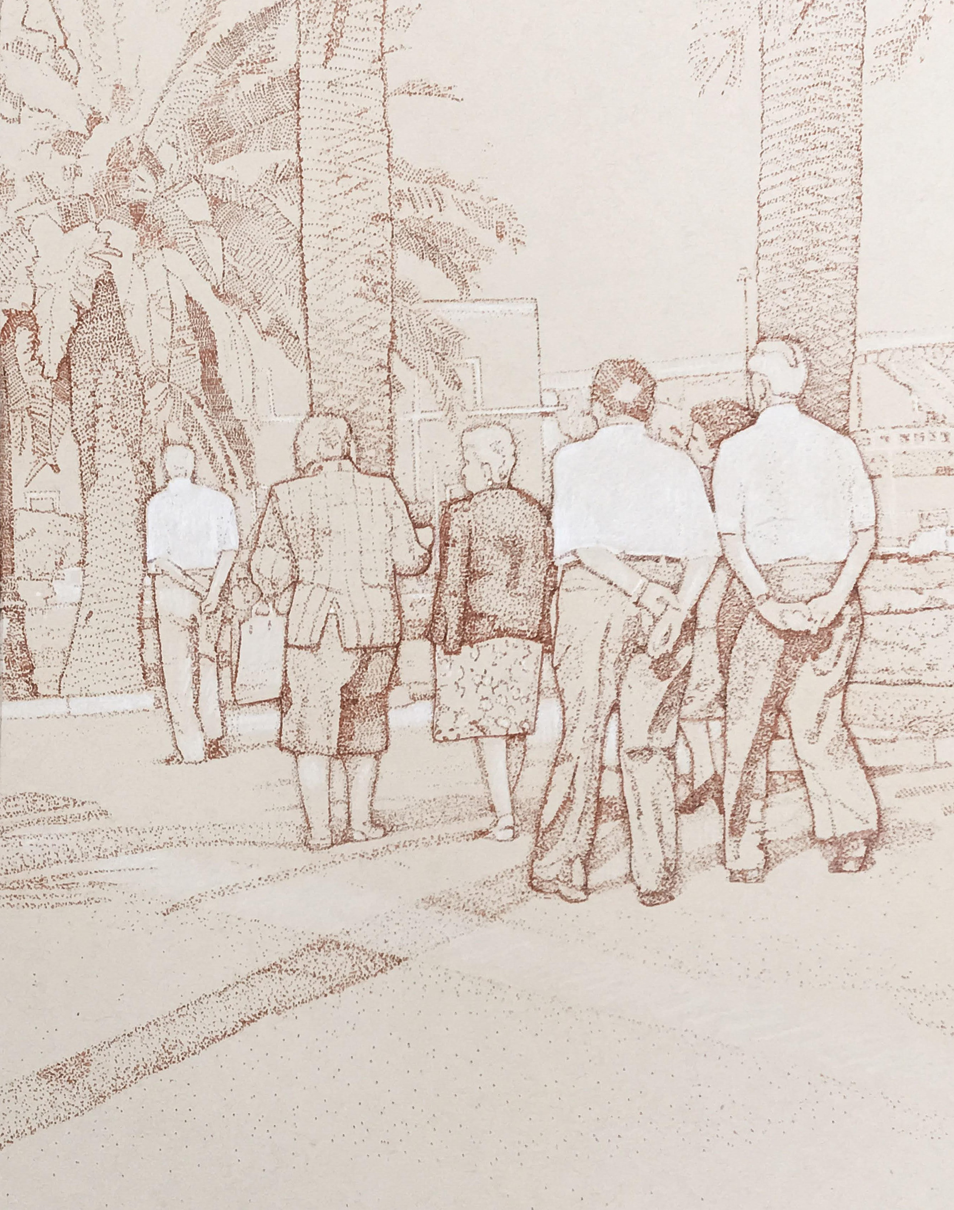 This drawing of the Italian tradition of “La Passeggiata”, a leisurely stroll taken in the evening, is the thought-provoking example of the concept of “in tandem.” Couples have organized themselves into pairs with the women visiting in front and the men walking respectfully behind them. As the pairs walk along the promenade, even the trees appear to be working in tandem.