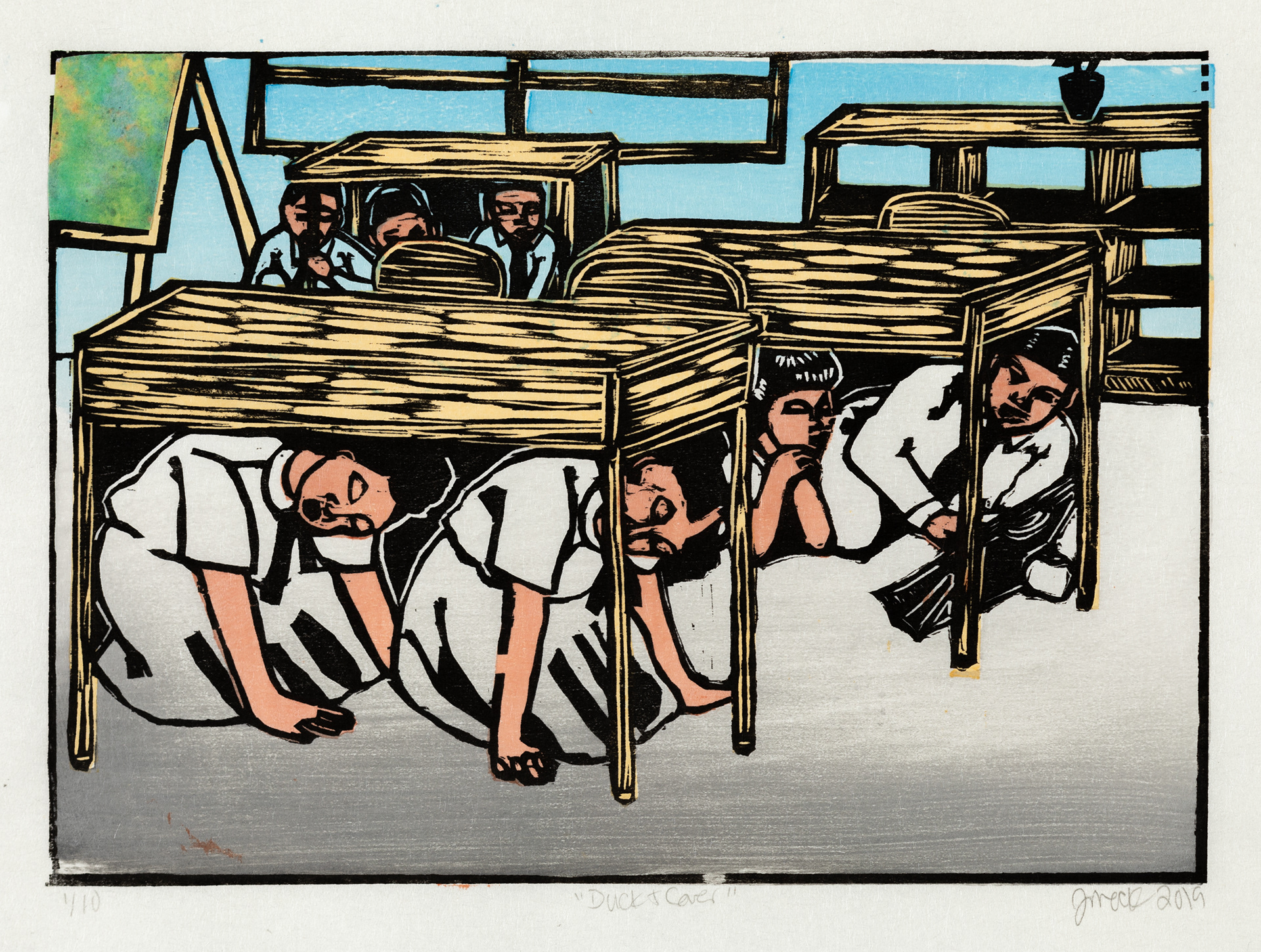 Jennifer Mack- Watkins Duck and Cover 2019 9 x 12” mokuhanga