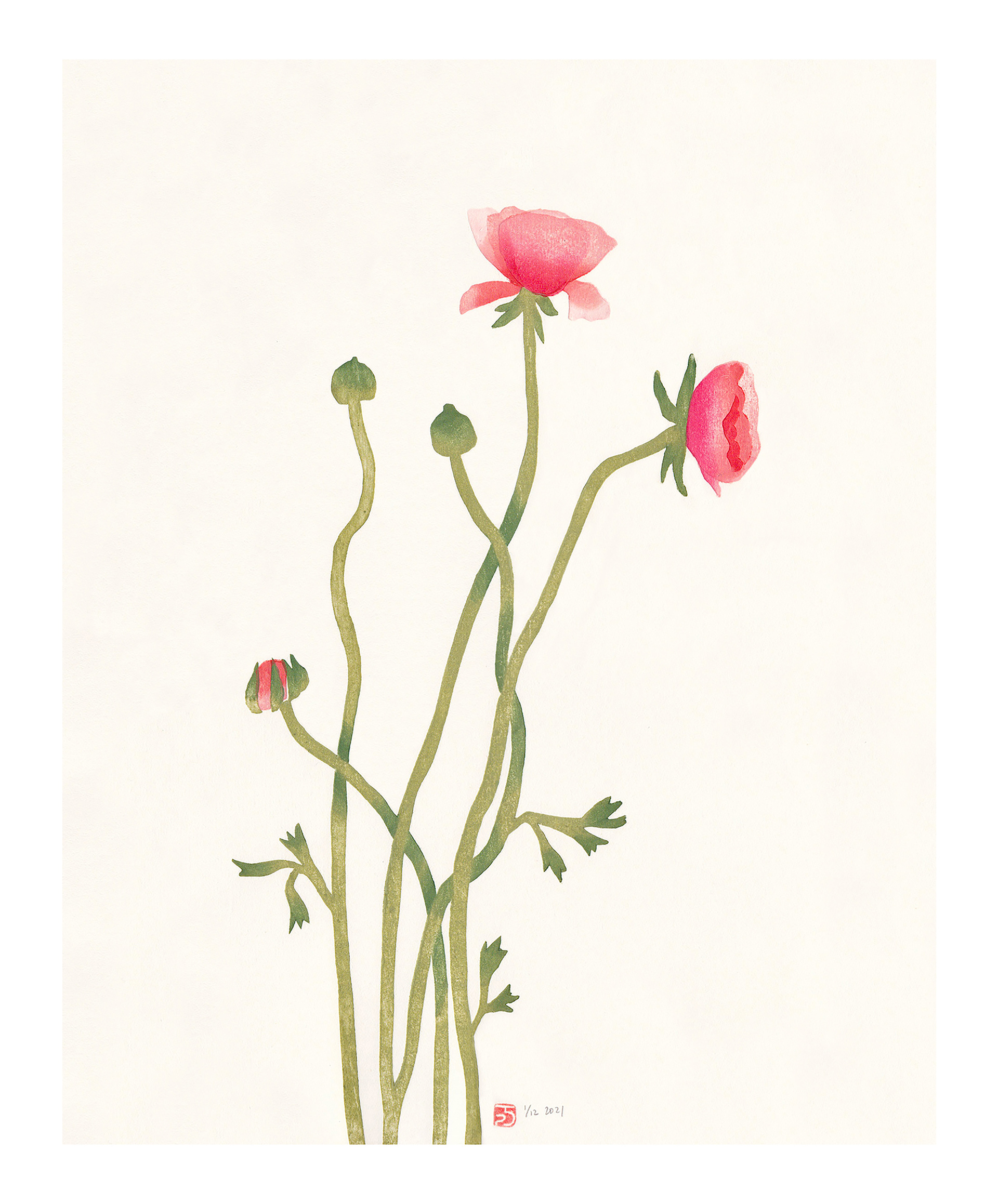 Mariko Jesse, 2021 Summer Blooms 18.5 x 12 inches Mokuhanga