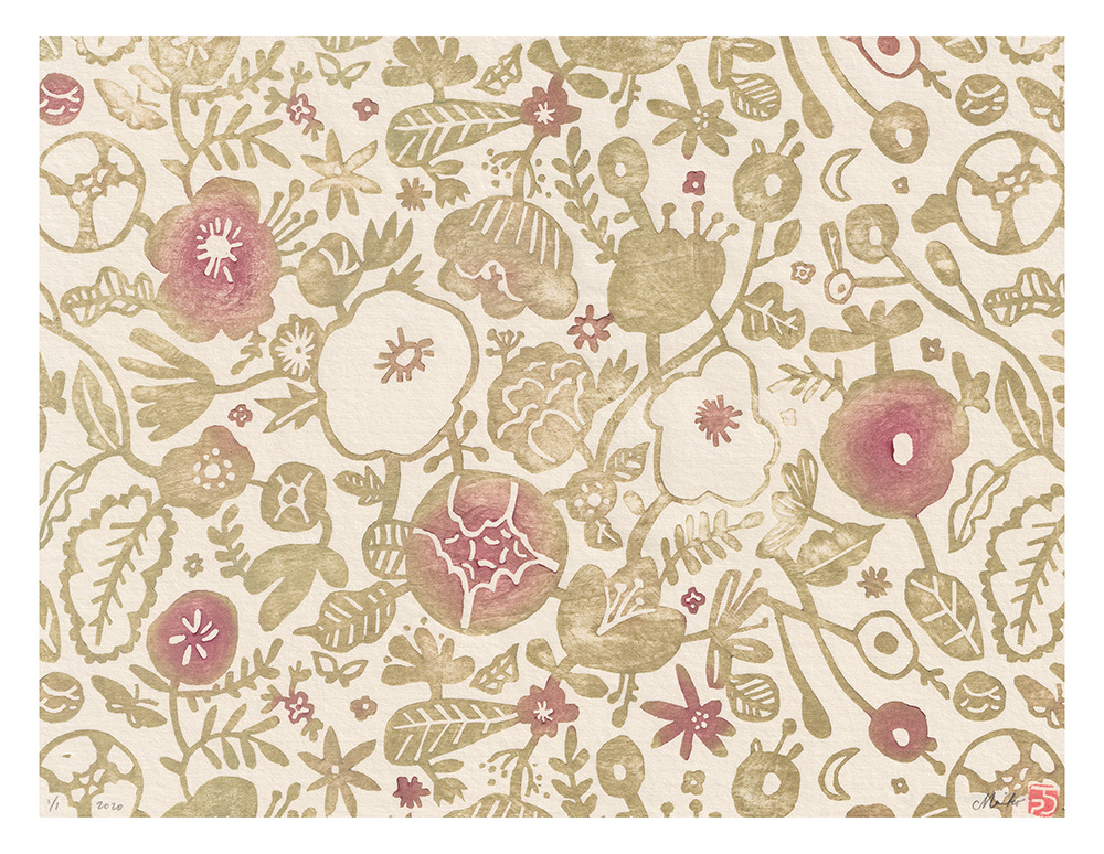 Mariko Jesse X Night Garden (Green and Pink) 2020 10.5" x 8.5" Mokuhanga
