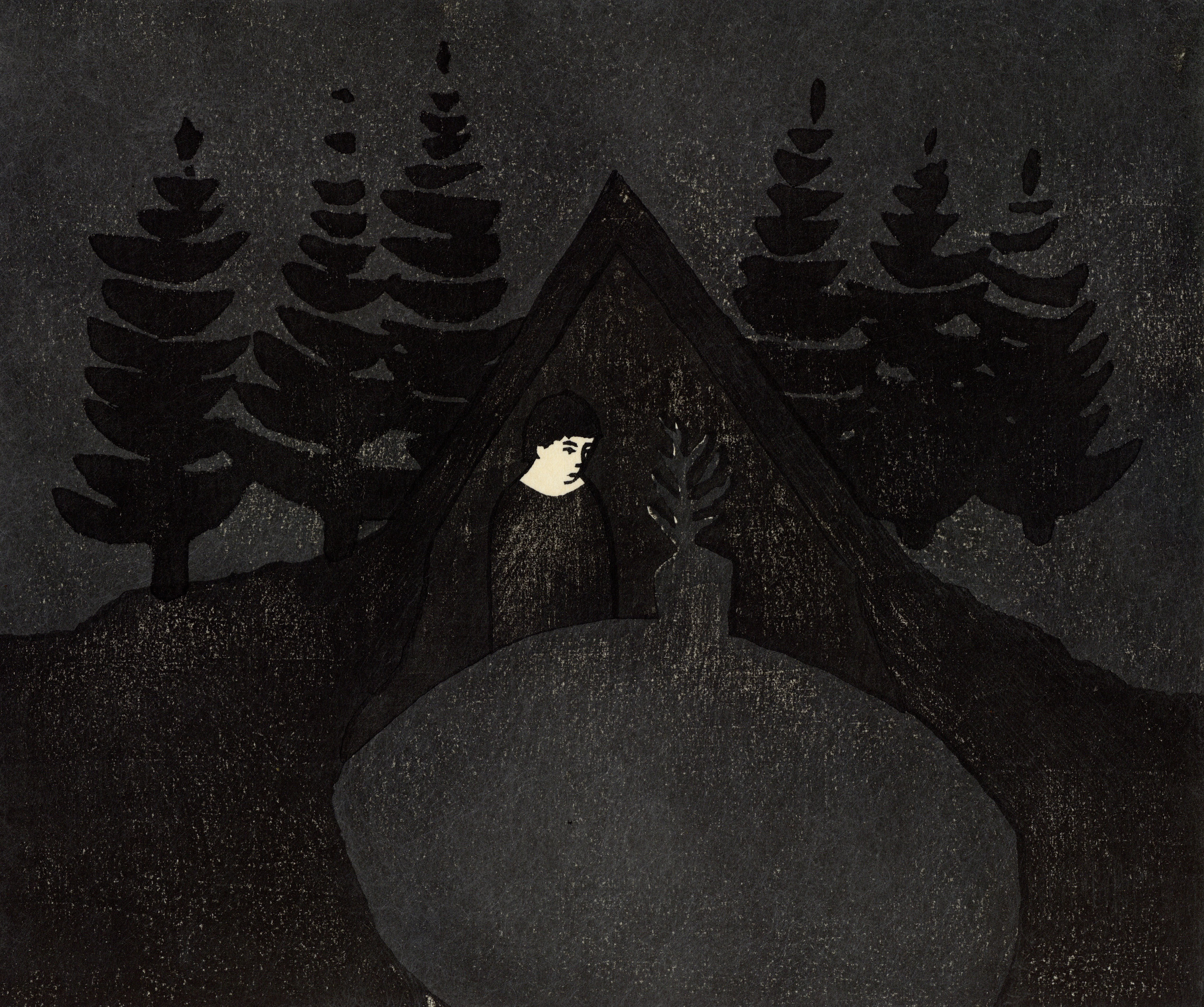 Katie Baldwin, Tornado Shelter (Practice Evacution), 10.5" x 13". 2021, mokuhanga