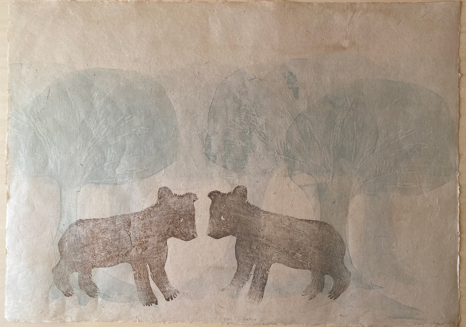 Ayao Shiokawa Two Bears in the Woods 33.45 x 24.4 mokuhanga
