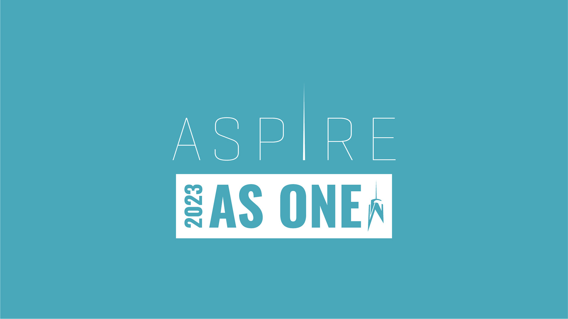 As One Wordmark horizontal white text on blue knockout with year, logo, and OWT Aspire logo