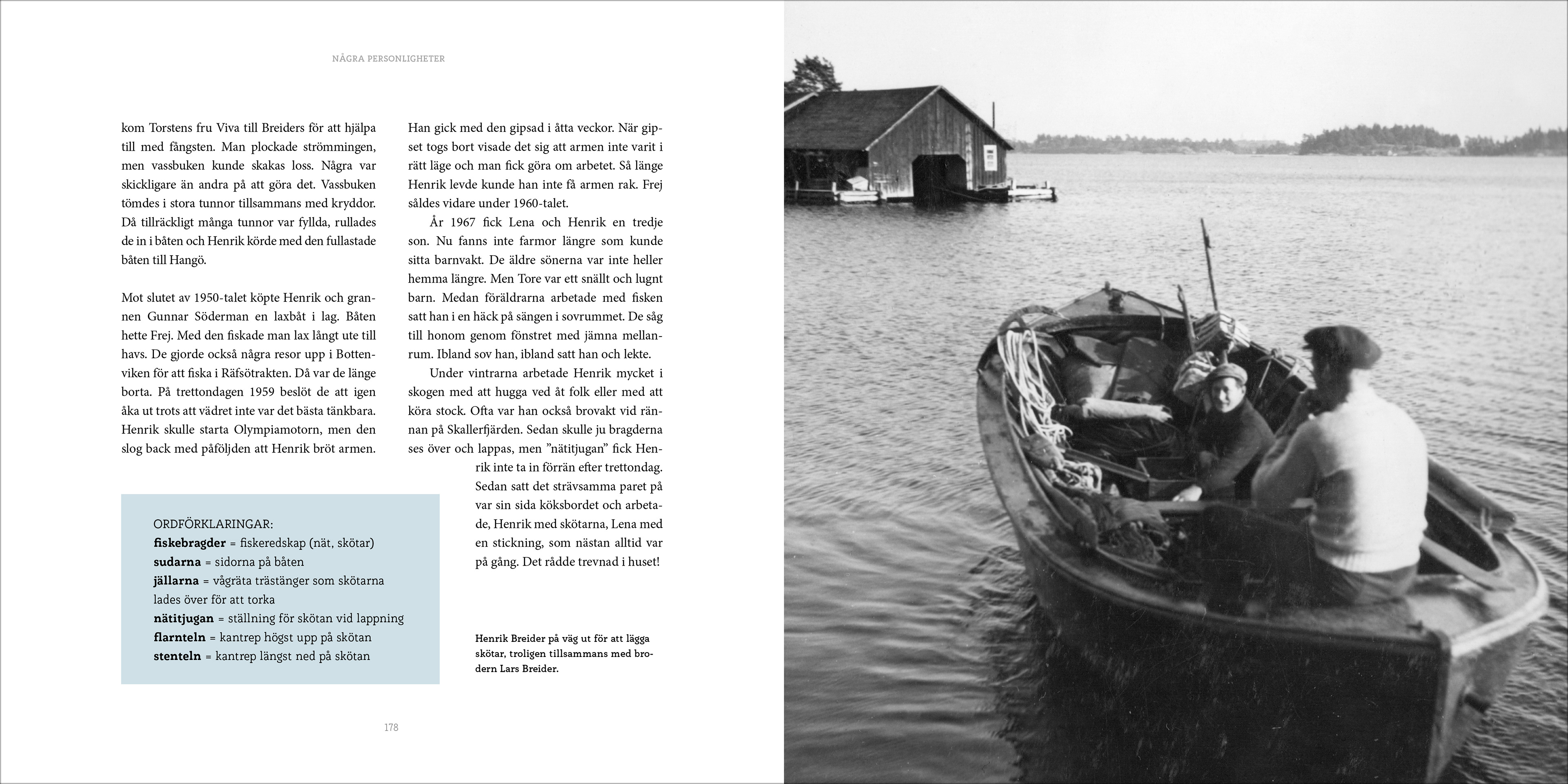 book spread with a photo of a fishing boat at sea in the 1930's