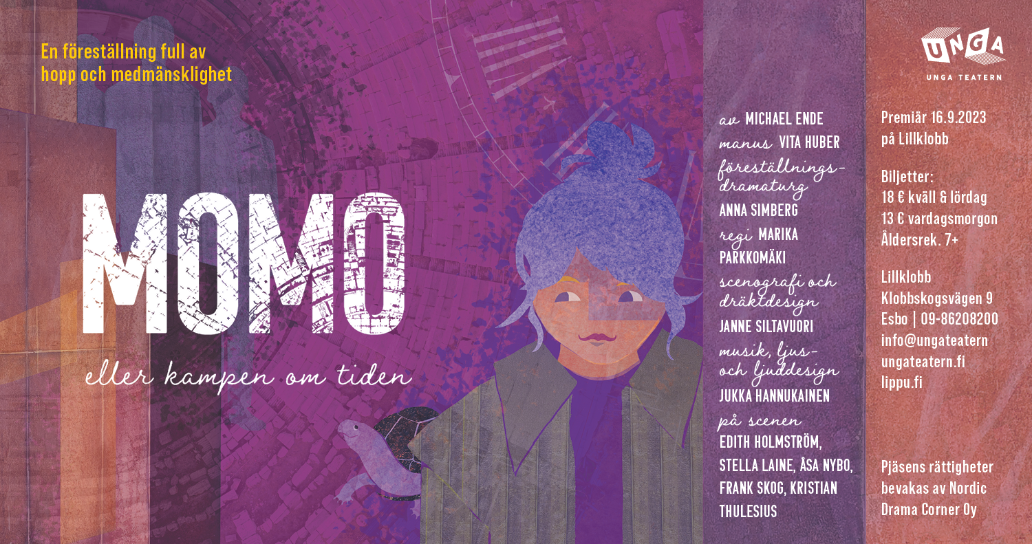 ad with purple illustration for the theatre play momo