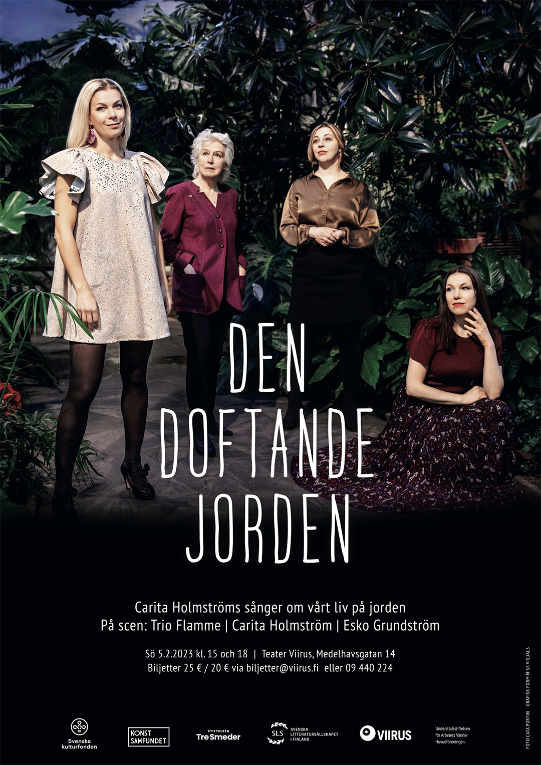 event poster with photo of trio flamme and carita holmström against a background of dark green foliage