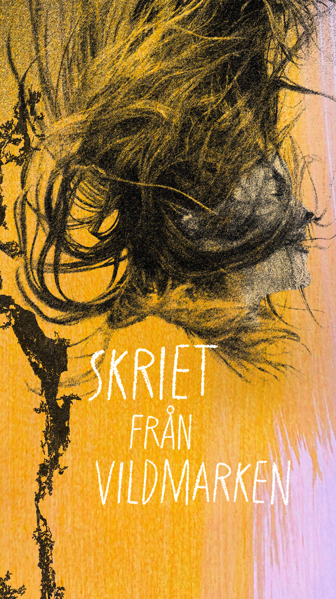 yellow, pink and black illustration of a character with flowing hair