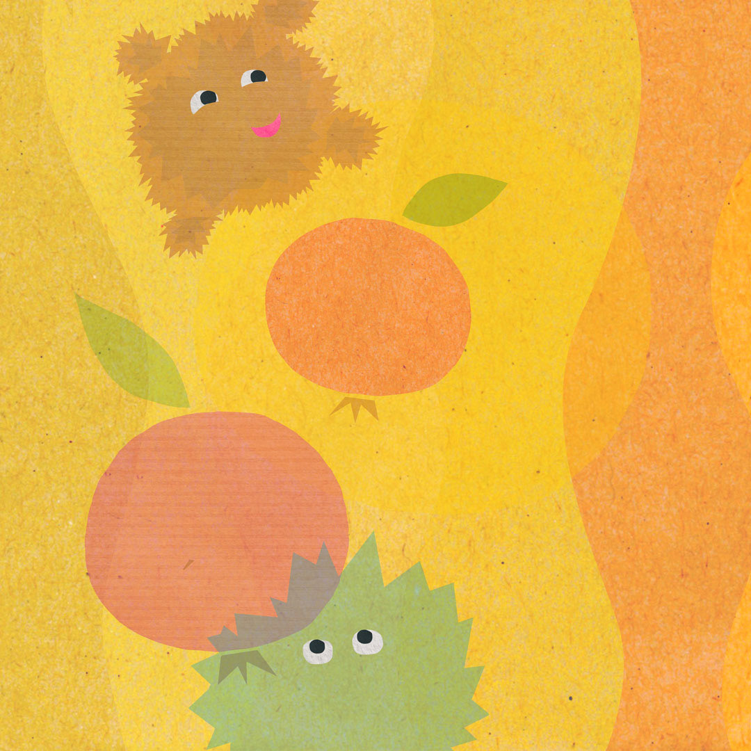 Bright illustration with apples and fuzzy character