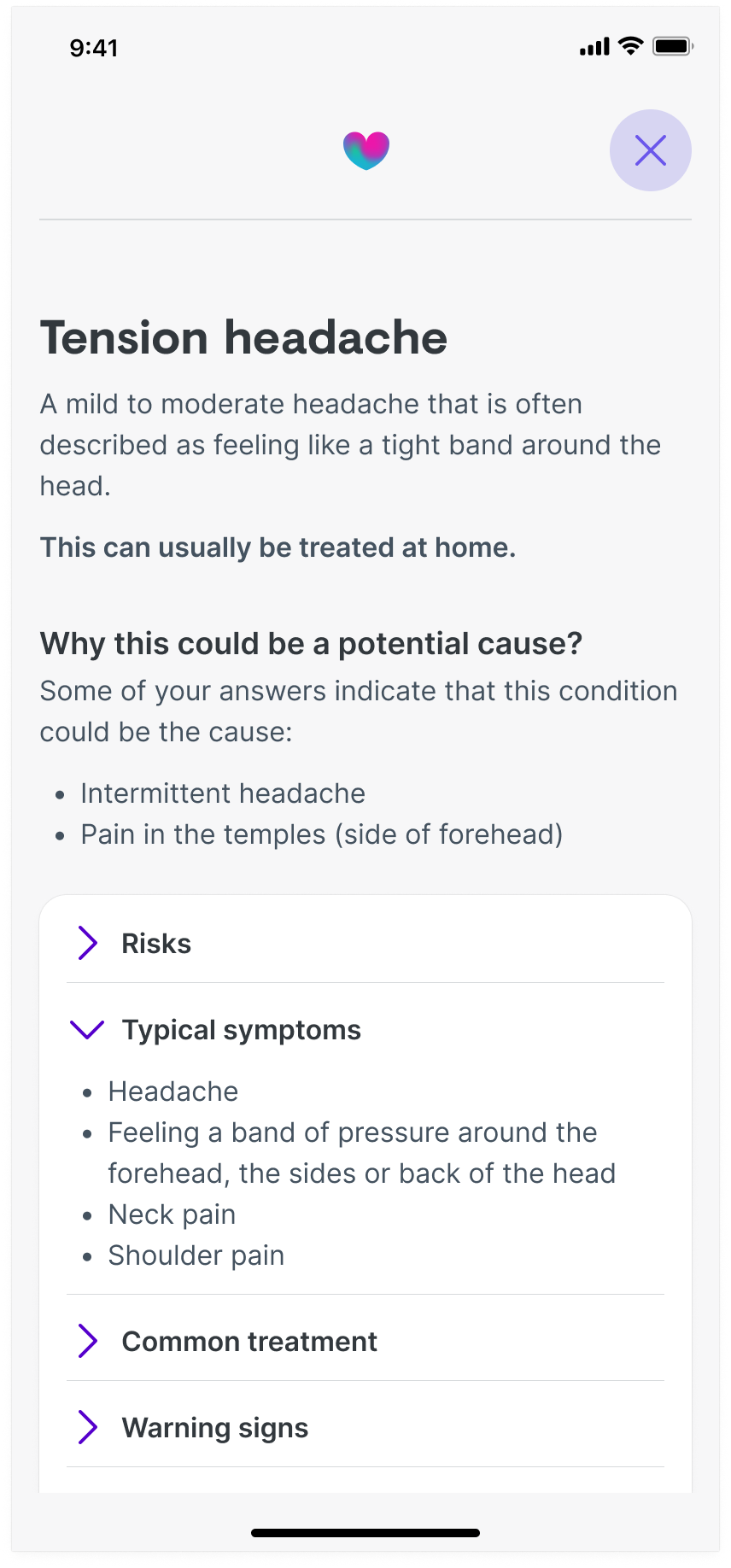 Image shows the conditions page the user is shown after selecting a potential symptom they may be suffering from. The page shows risks, typical symptoms, common treatment, warning signs and prevention. This version shows the Typical symptoms option expanded.