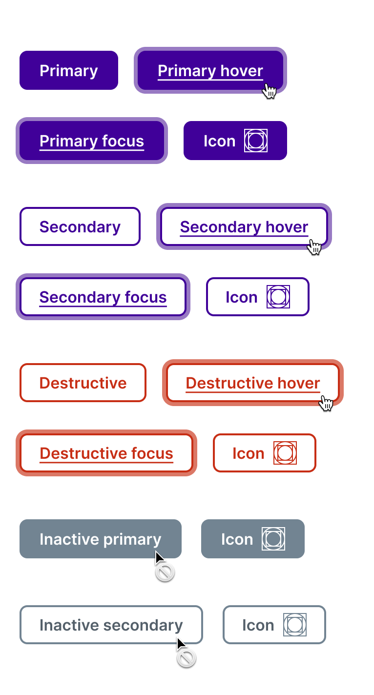 An image of all the different button types we designed for our web platform