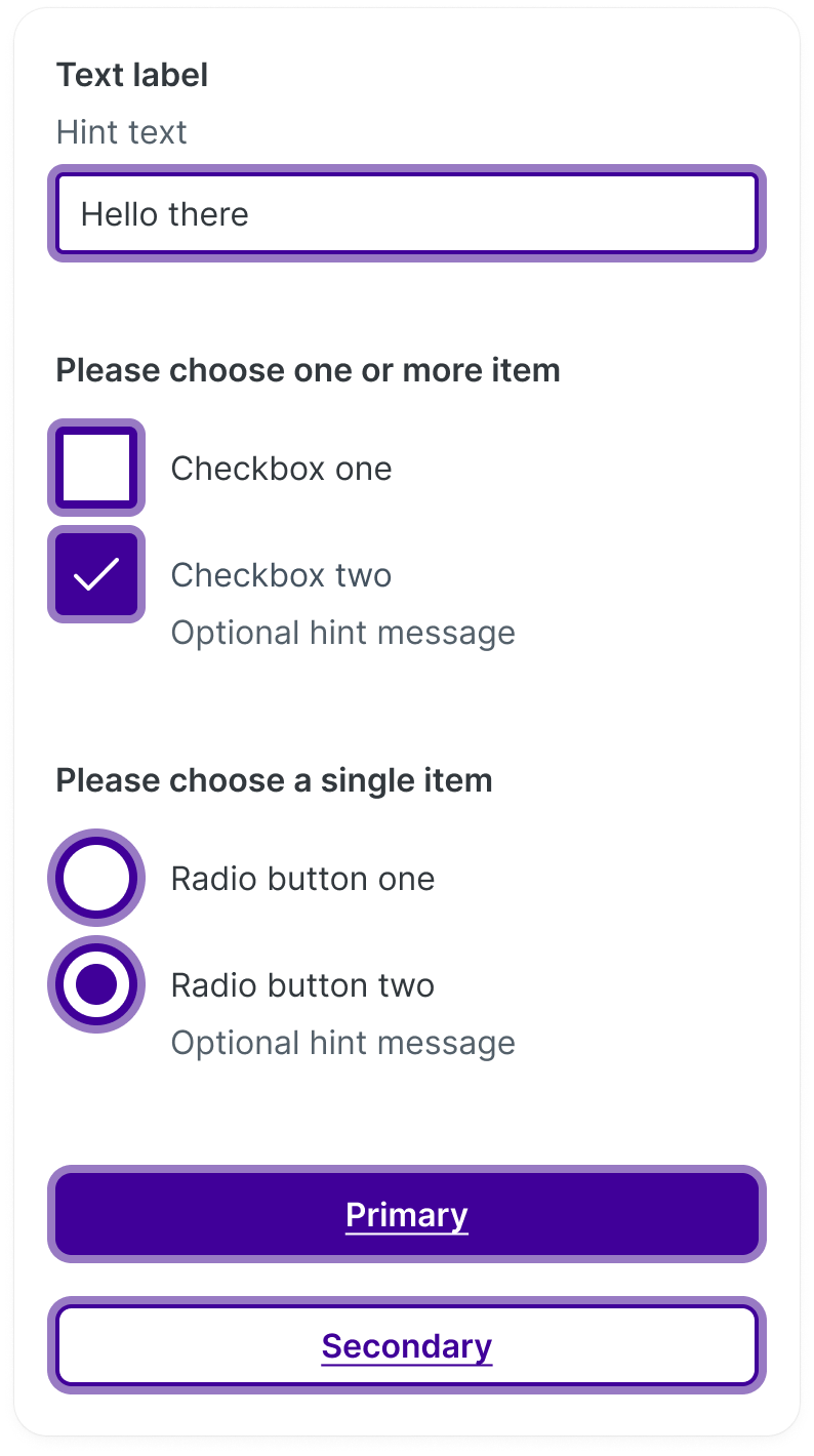 Focus states of text inputs, checkboxes, radio buttons and buttons in Babylons old design language