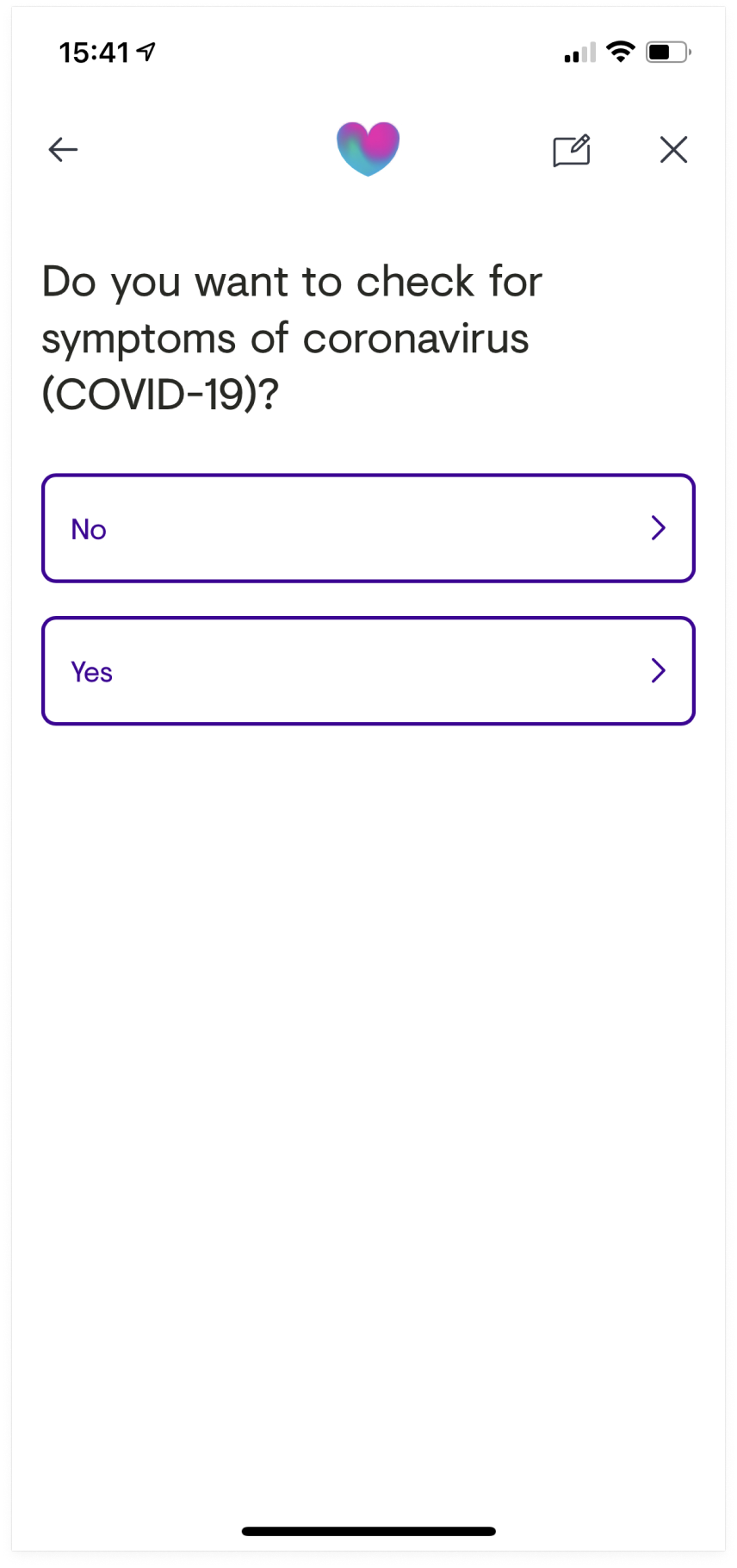A screen from the old triage experience asking the user a question. The question asks “Do you want to check for symptoms of coronavirus (COVID-19”, followed by 2 possible answers; no and yes.