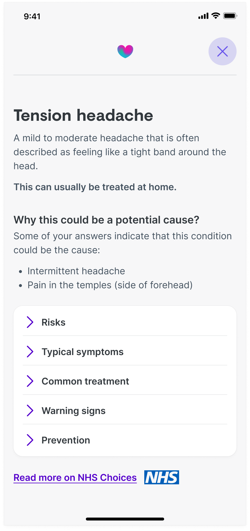 Image shows the conditions page the user is shown after selecting a potential symptom they may be suffering from. The page shows risks, typical symptoms, common treatment, warning signs and prevention.