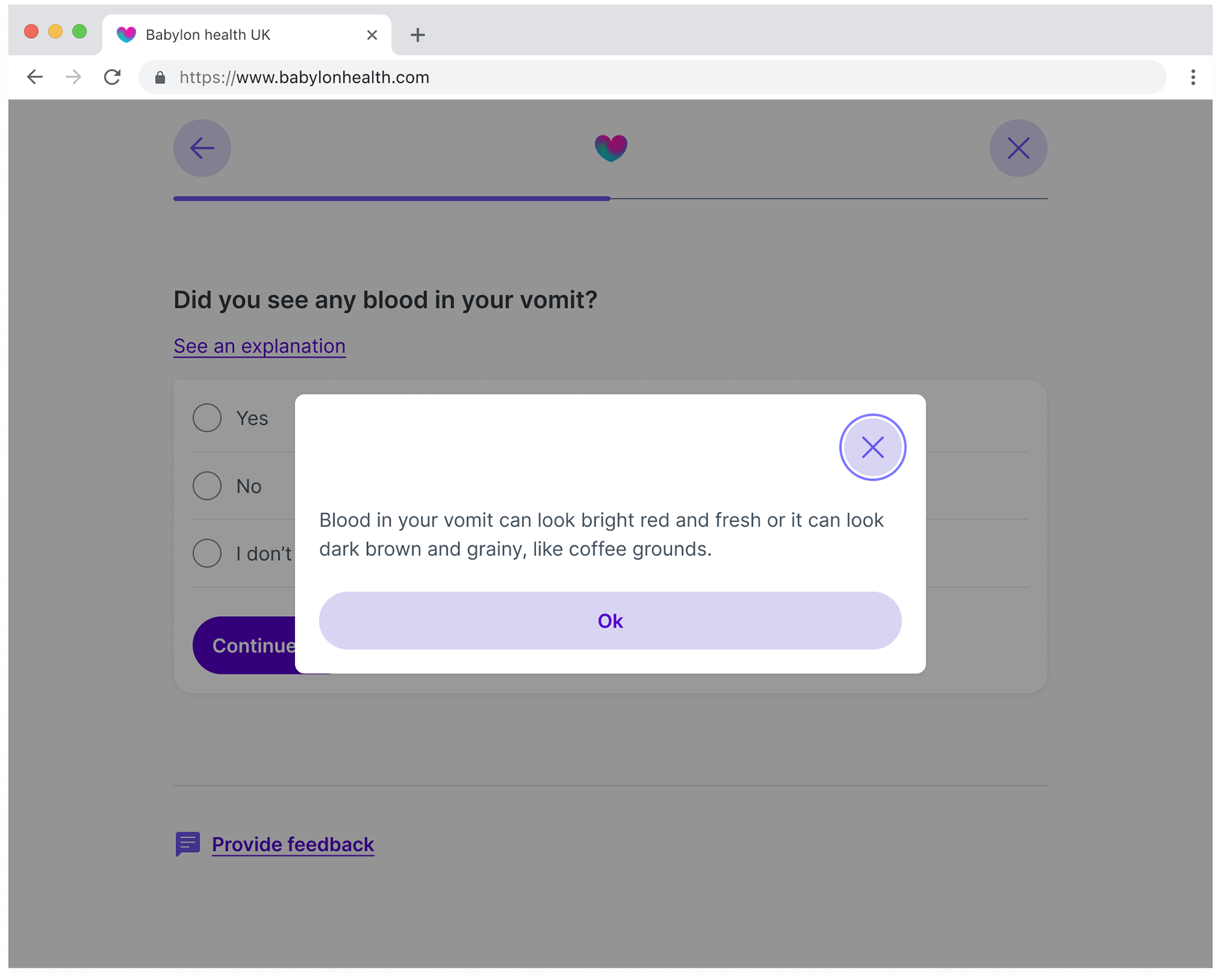 The image shows the ‘what does this mean’ pop over on the new desktop experience, the user navigates to the screen after selecting the ‘see and explanation’ link. The title on the screen is ‘what does this mean’ with copy that says ‘having had an injury to the finger in the last 30 days.