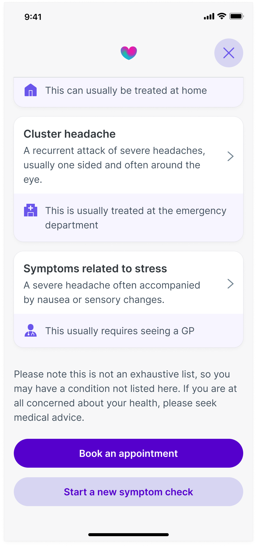 Image shows the final results page the user is shown after answering all the questions presented to them in the new design. This version of the screen shows the current symptoms the user may have.