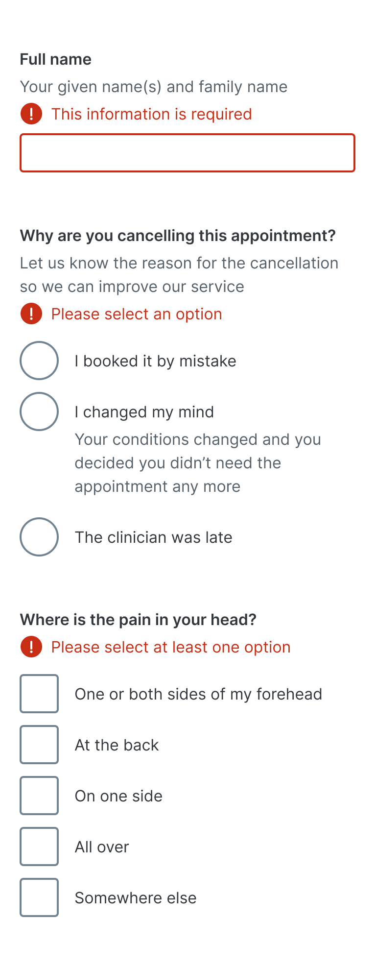 An image of how our error message works for different input types, including text input, check boxes and radio buttons.