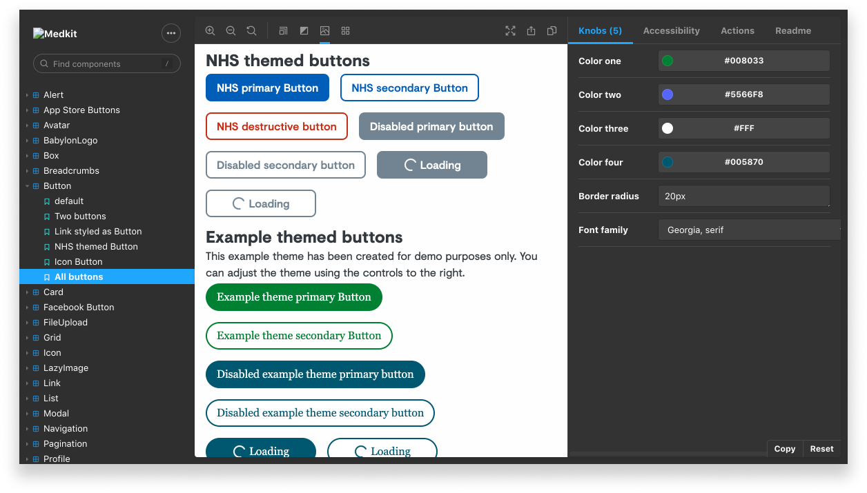 A screenshot of our storybook library, medkit