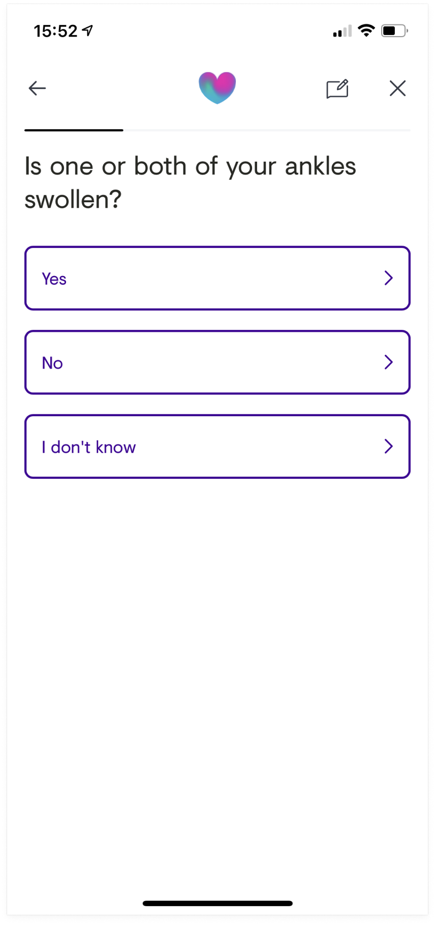 A screen from the old triage experience asking the user a question. The question asks “Is one or both of your ankles swollen?”, followed by 3 possible answers; yes, no and I don’t know.