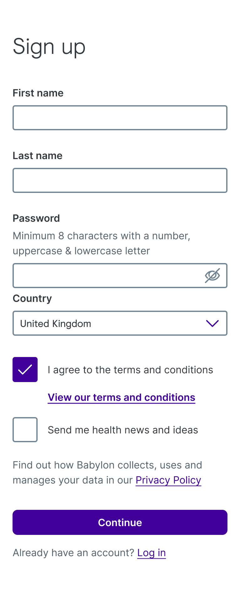 An example of all the input components put together on the sign up page