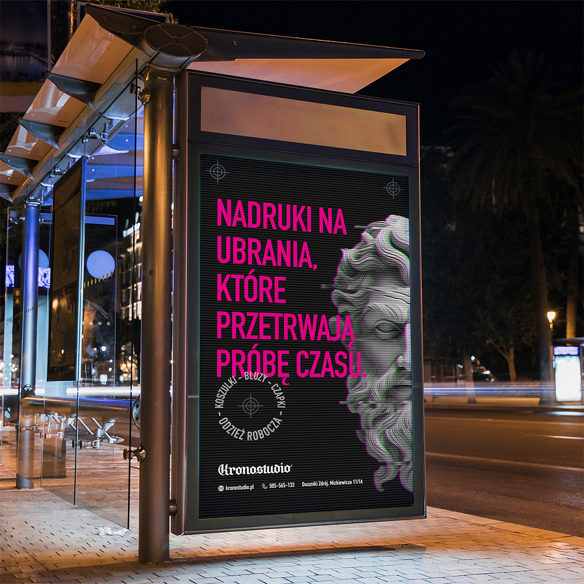 Kronostudio poster design on the bus stop mockup in the night
