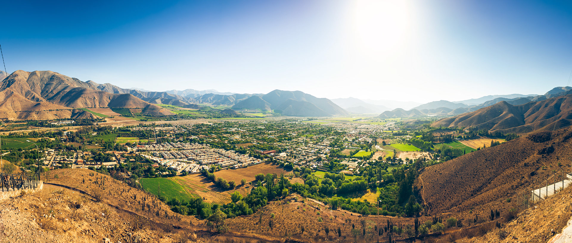 Panoramic aerial view of Vicuña surrounded by mountains, Chile