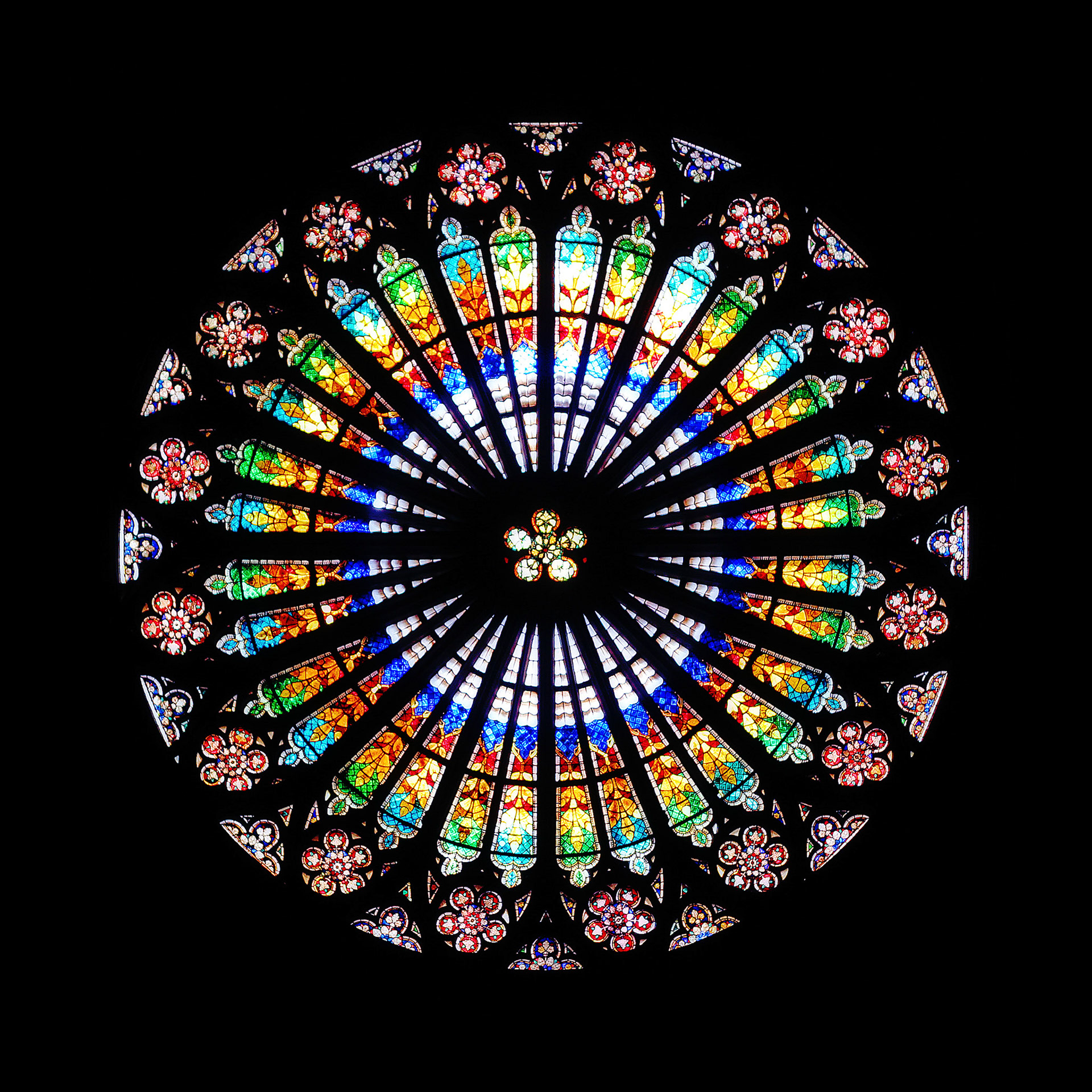 STRASBOURG, FRANCE - AUGUST 14:  Rose window in Strasbourg Cathedral interior on August 14, 2010 in Strasbourg. Diameter of the west fasade rose window is 13.6 m.