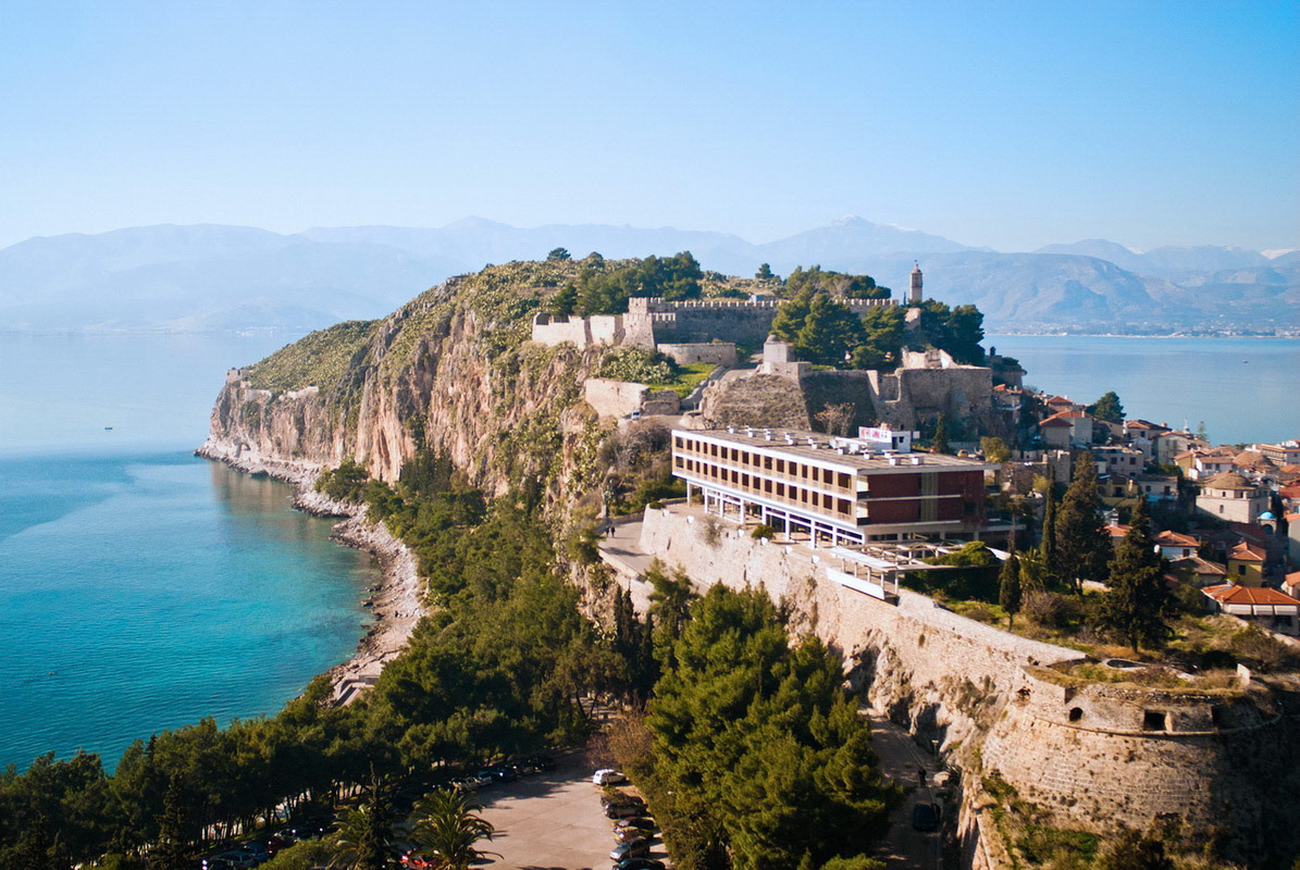 View at the Nafplio cape and medieval castle, Greece