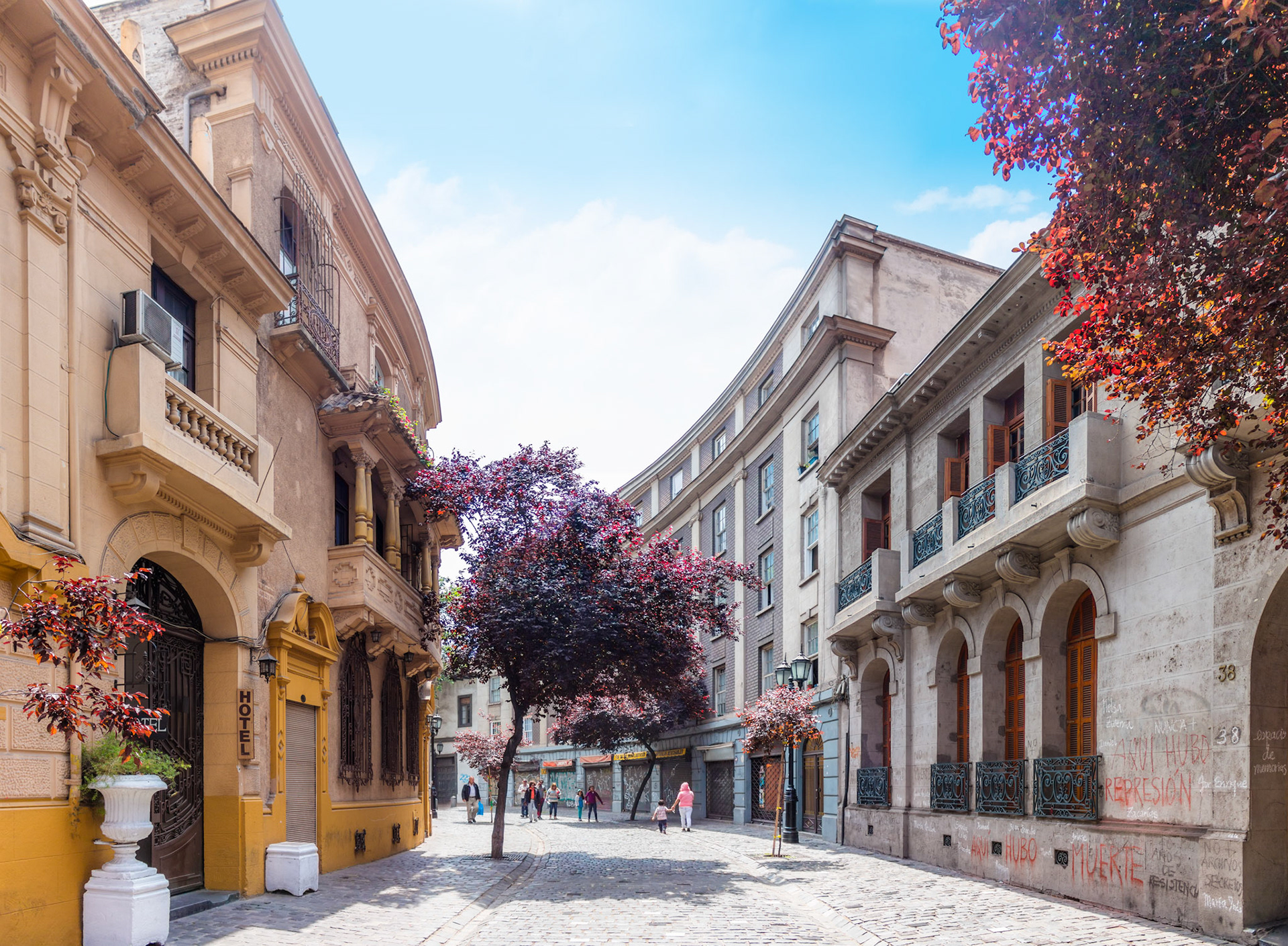 SANTIAGO, CHILE - OCTOBER 23, 2016: Street of Barrio Paris-Londres neighborhood. This european style area includes shops, hotels and cobble stone streets with renovated historic mansions.