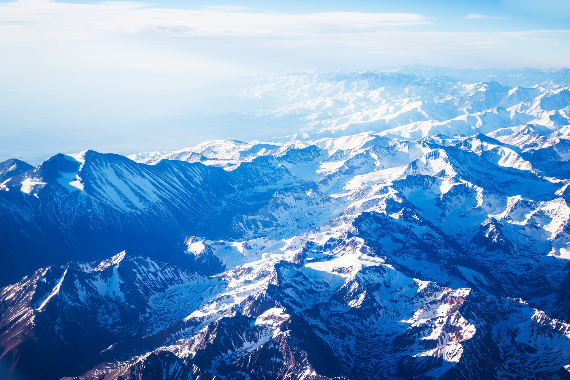 Aerial view of the mountains in blue color
