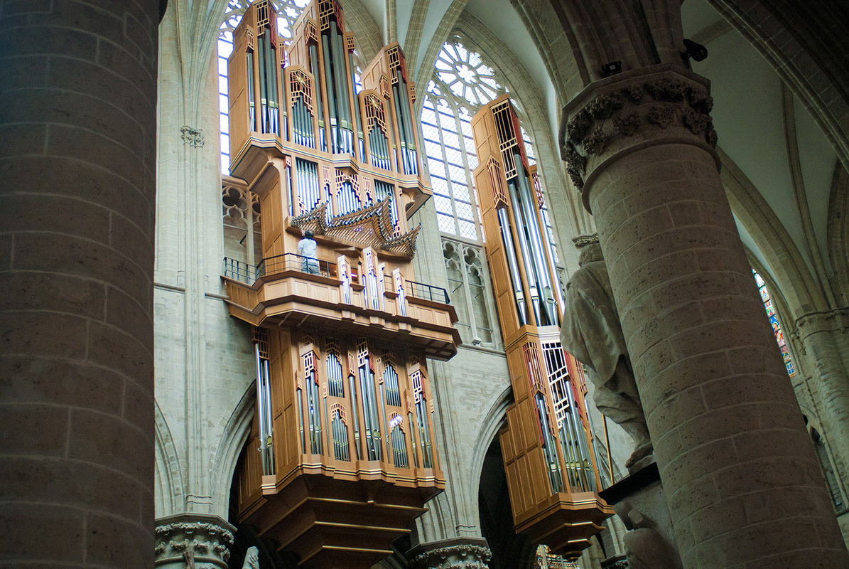 BRUSSELS - JULY 19: The beautiful organ in the interior of the Gothic cathedral St. Michael and St. Gudula on July 19, 2011. This organ often used for royal marriages and state funerals.