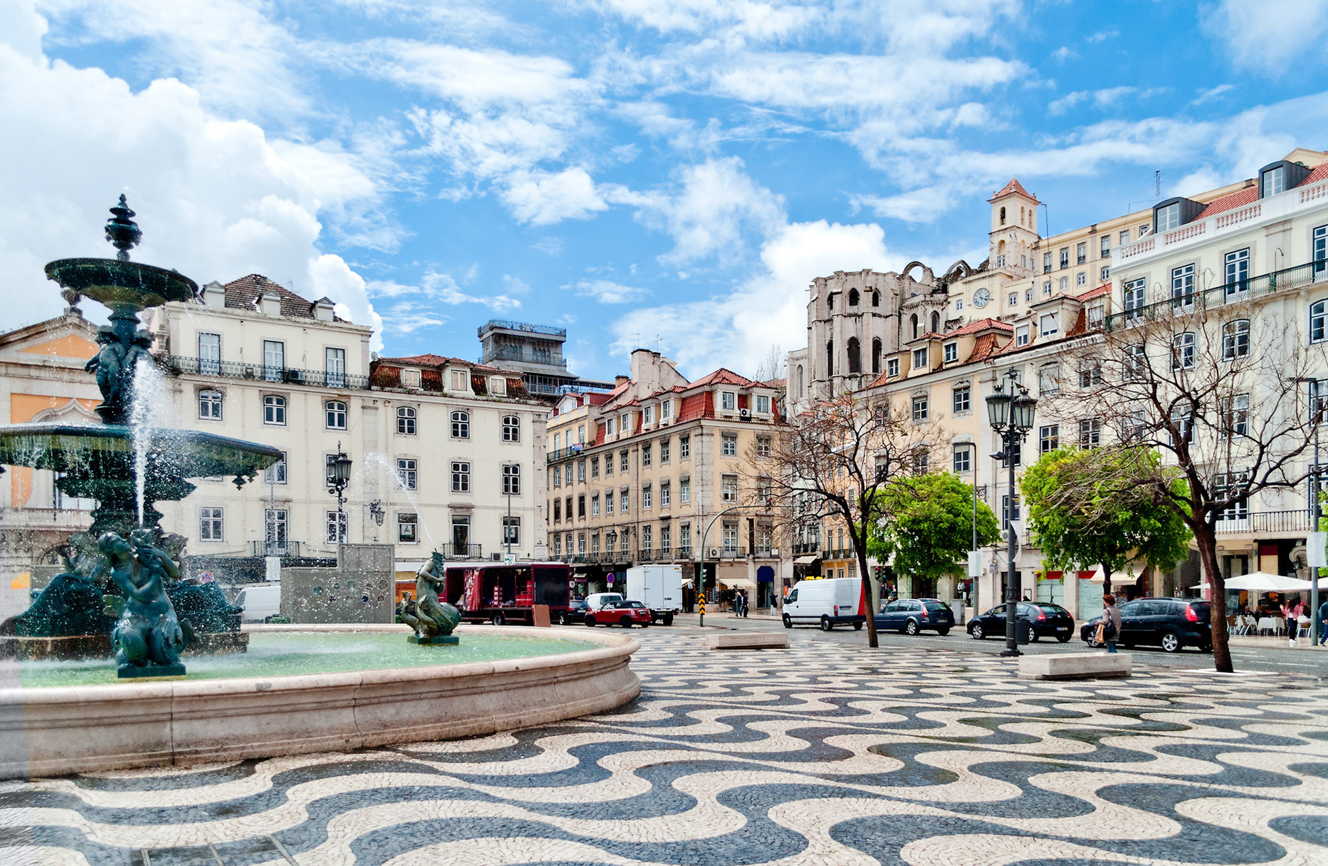Rossio square with fountain located at Baixa district in Lisbon, Portugal