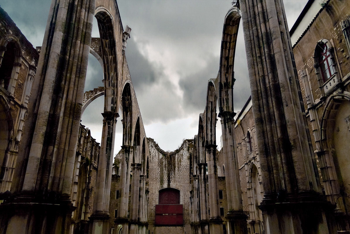 Cloudy sky and gothic ruins in Lisbon, Portugal